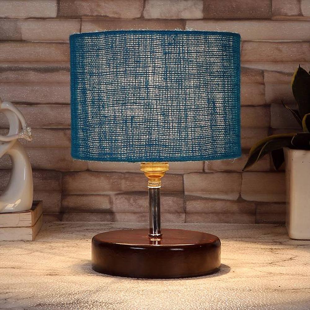 Willie Turquoise Jute lamp with brown wood base - Devansh