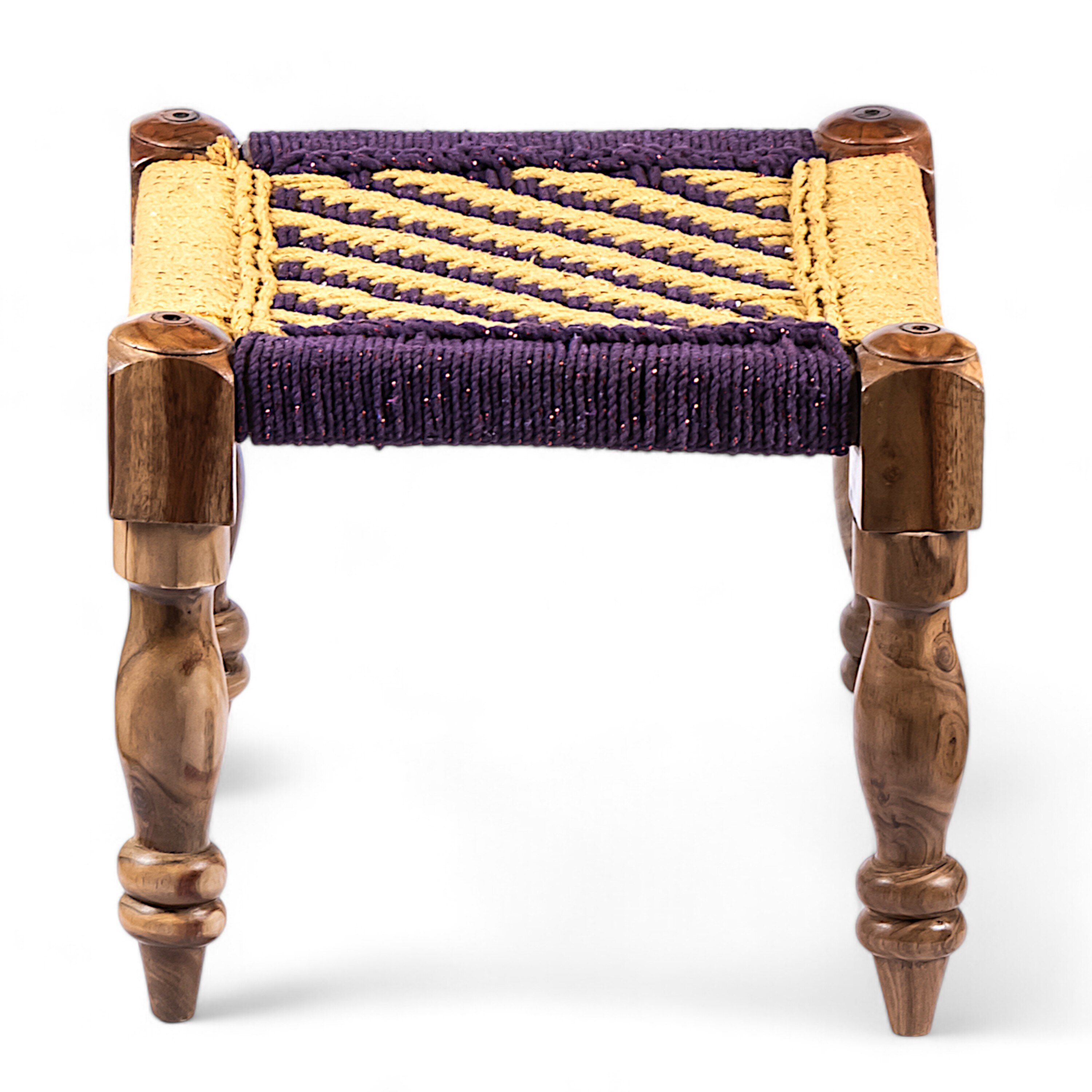 Riaza Sheesham Wood Vintage Set of 2 Stools in Yellow & Purple Rope Canning