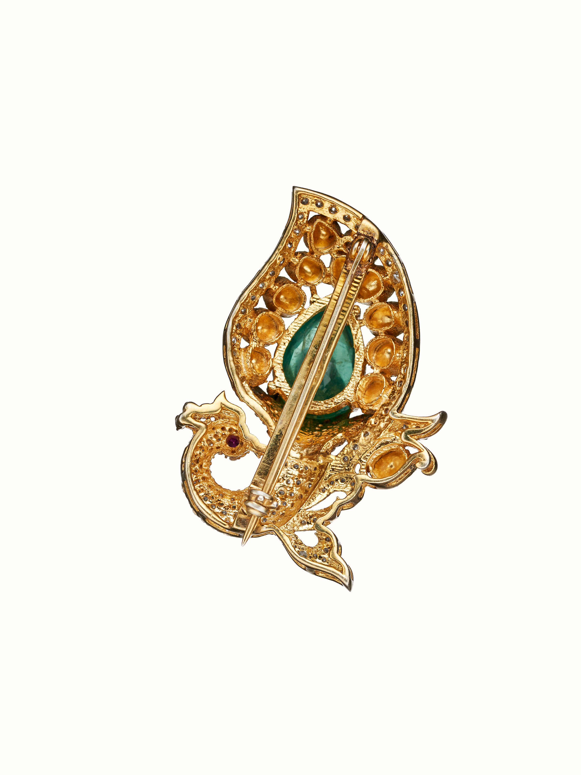 back view of silver smithing yellow gold brooch pin with pin clasp