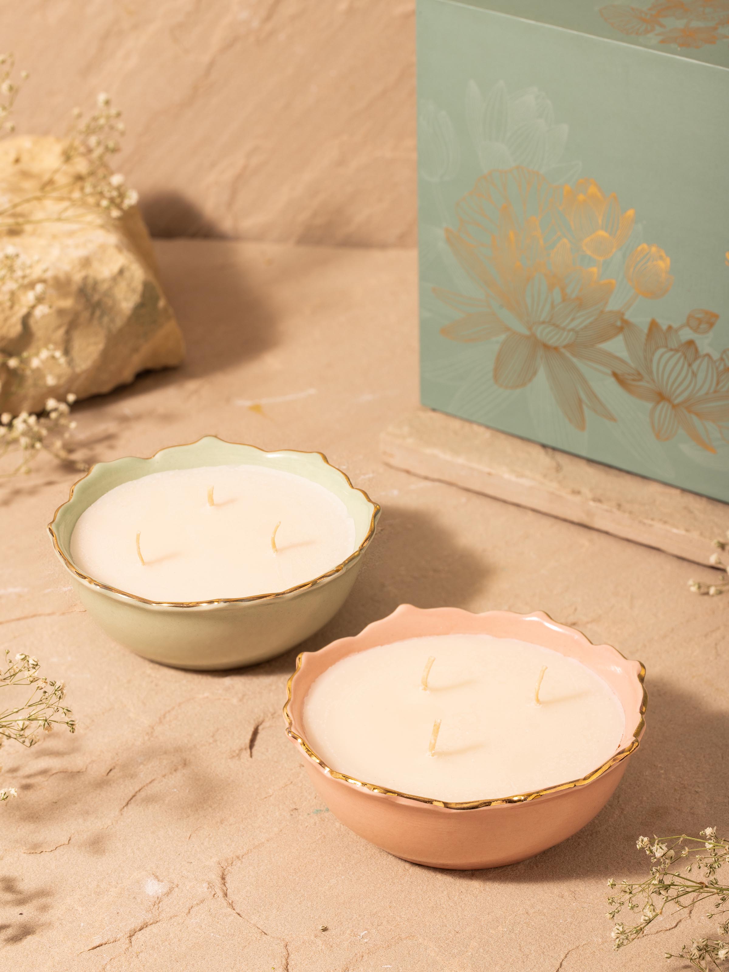 Close-up of Ceramic Candle set of 2 focusing on the ceramic finish and decorative elements