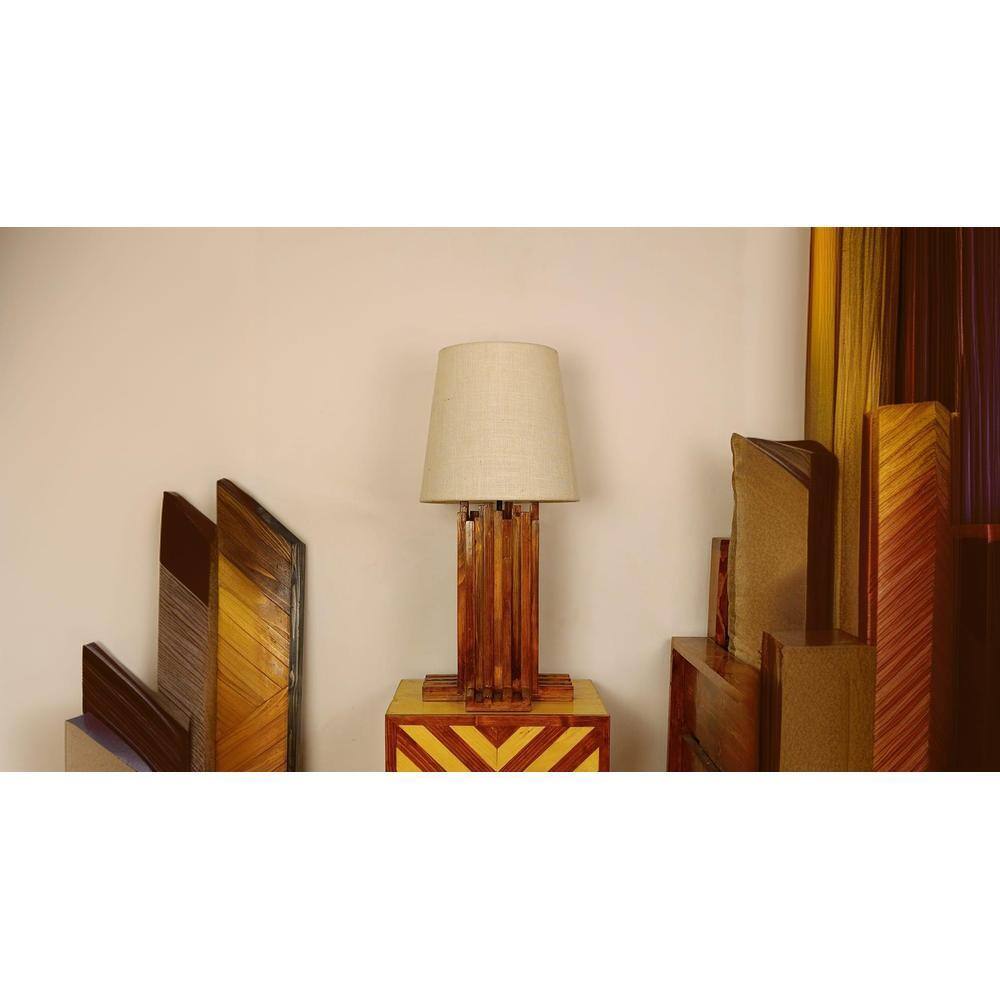 Palisade Brown Wooden Table Lamp with White Fabric Lampshade