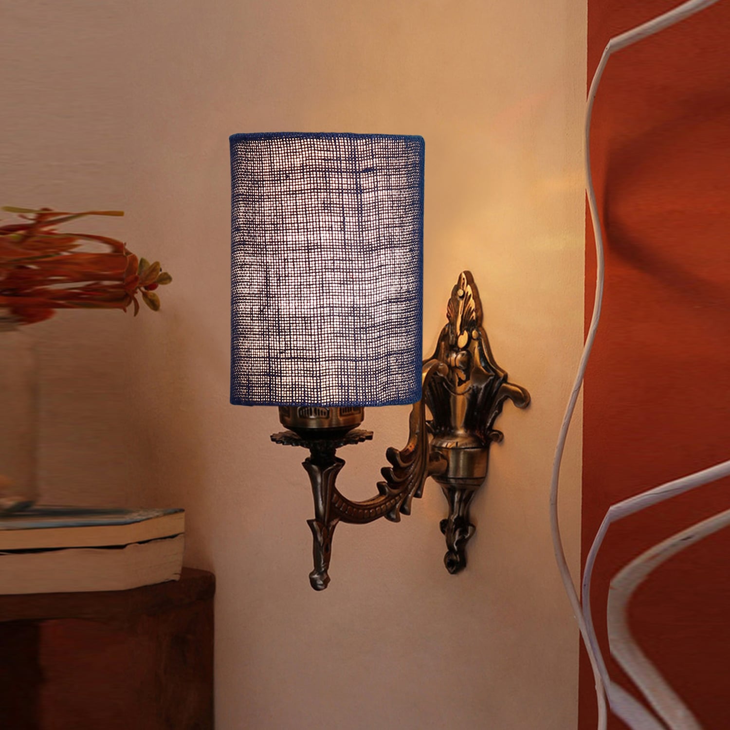 Devansh Metal Electric Wall Light in Antique Gold Colour with Blue Shade Count of 1 Light - Devansh