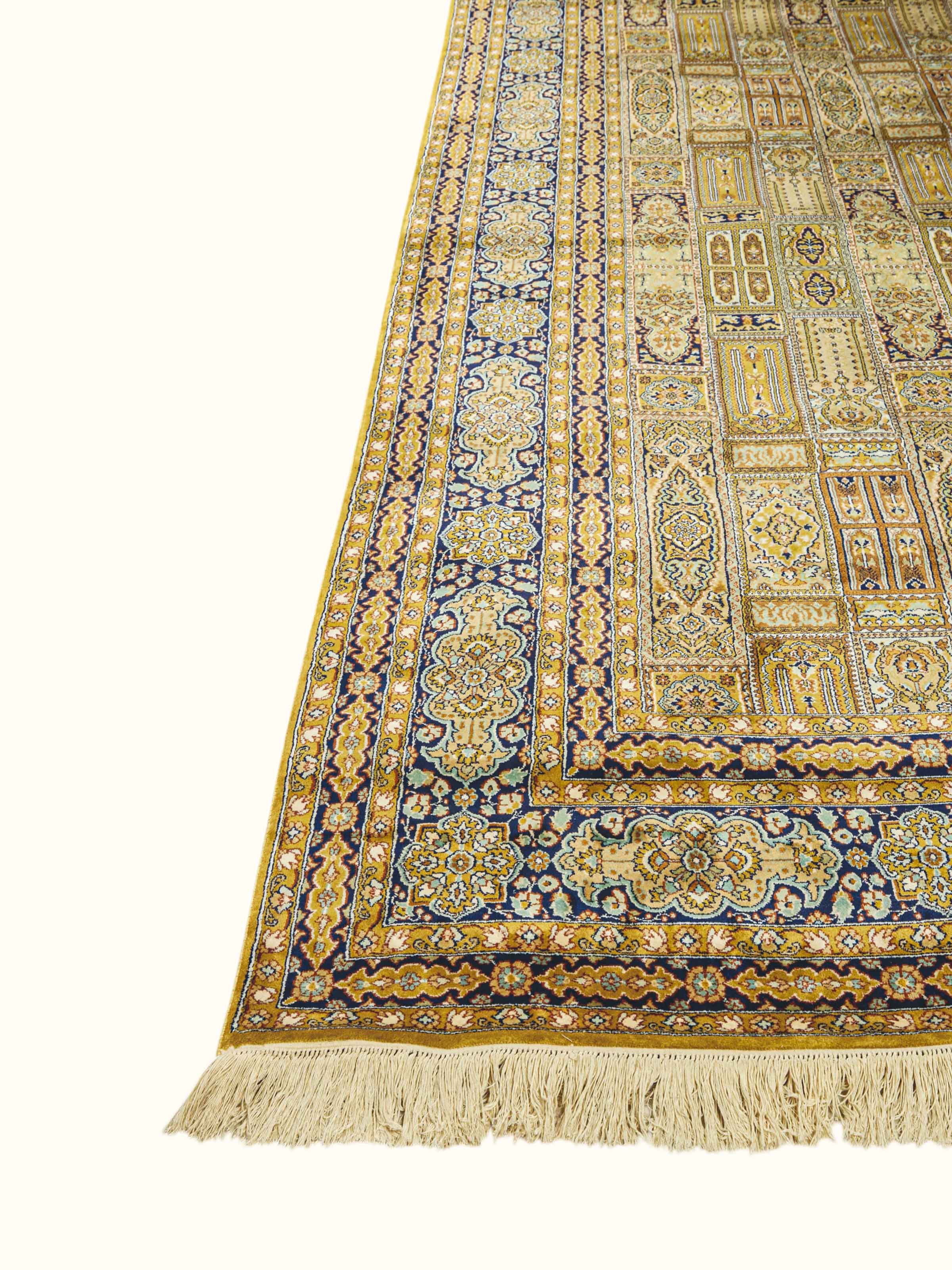 Traditional Persian Ochre Khesti Kashmir Silk Hand-Knotted Carpet