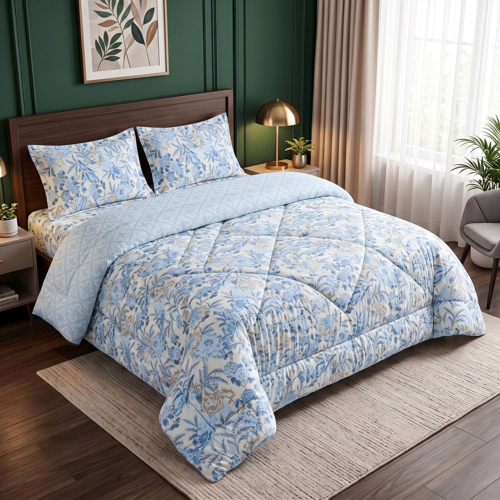 Blue Floral 4 Pcs Comforter set with Queen size bedsheet + 2 Pillow covers - Threads