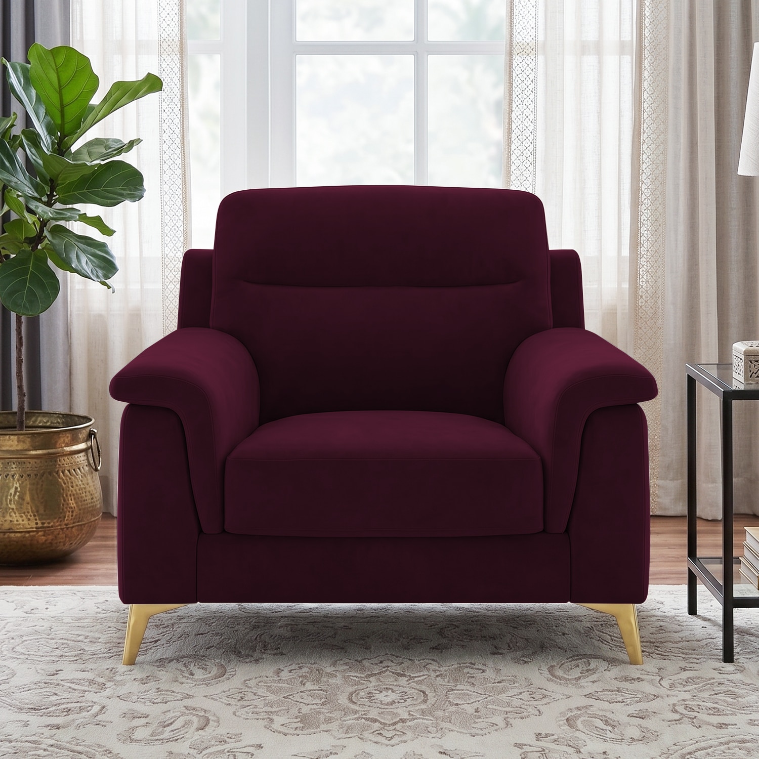 Niwara Velvet 1 Seater sofa in  Red wine color - Home Lifestylez