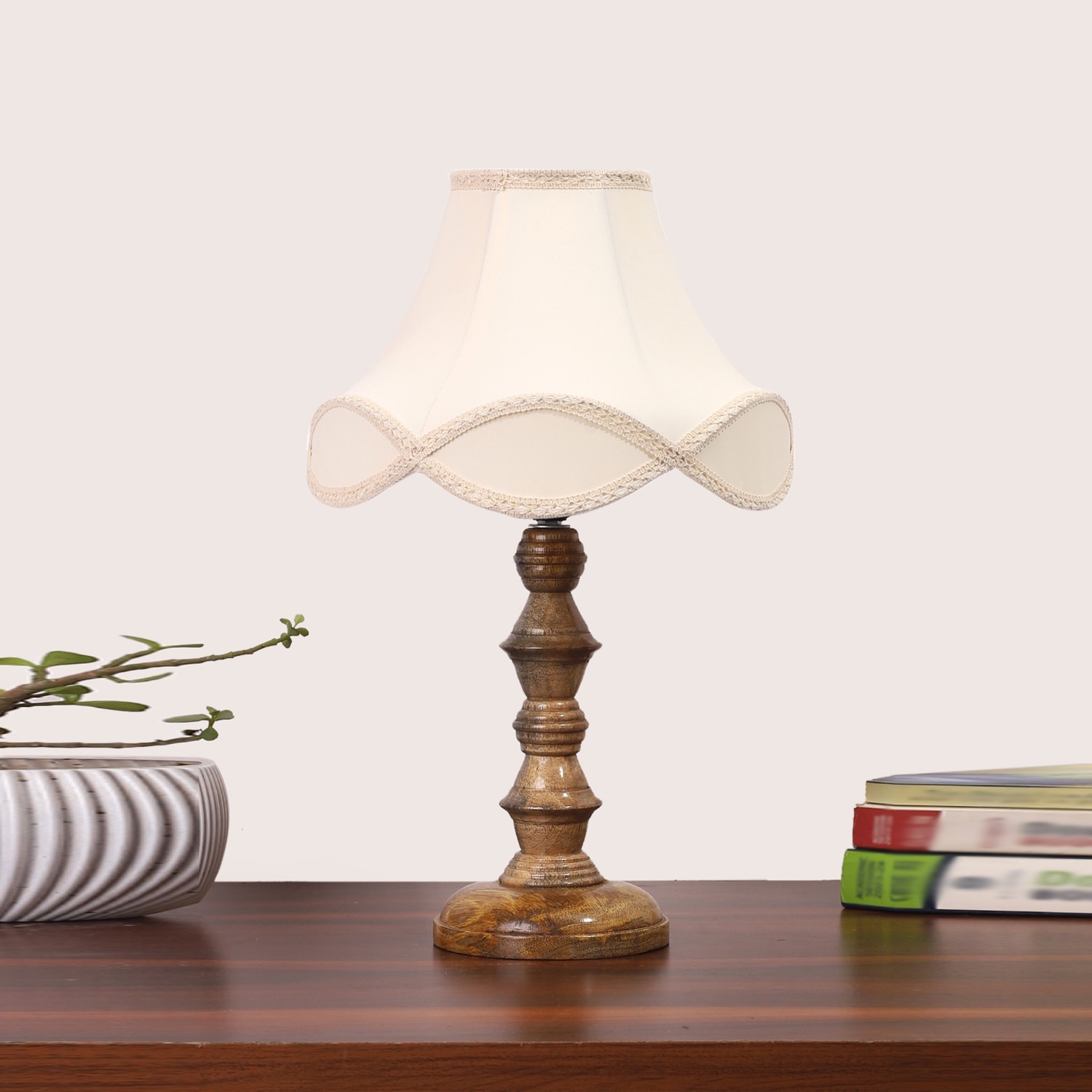 Devansh Off-White Cotton Vintage Lamp With Wood Base (12X12X18)