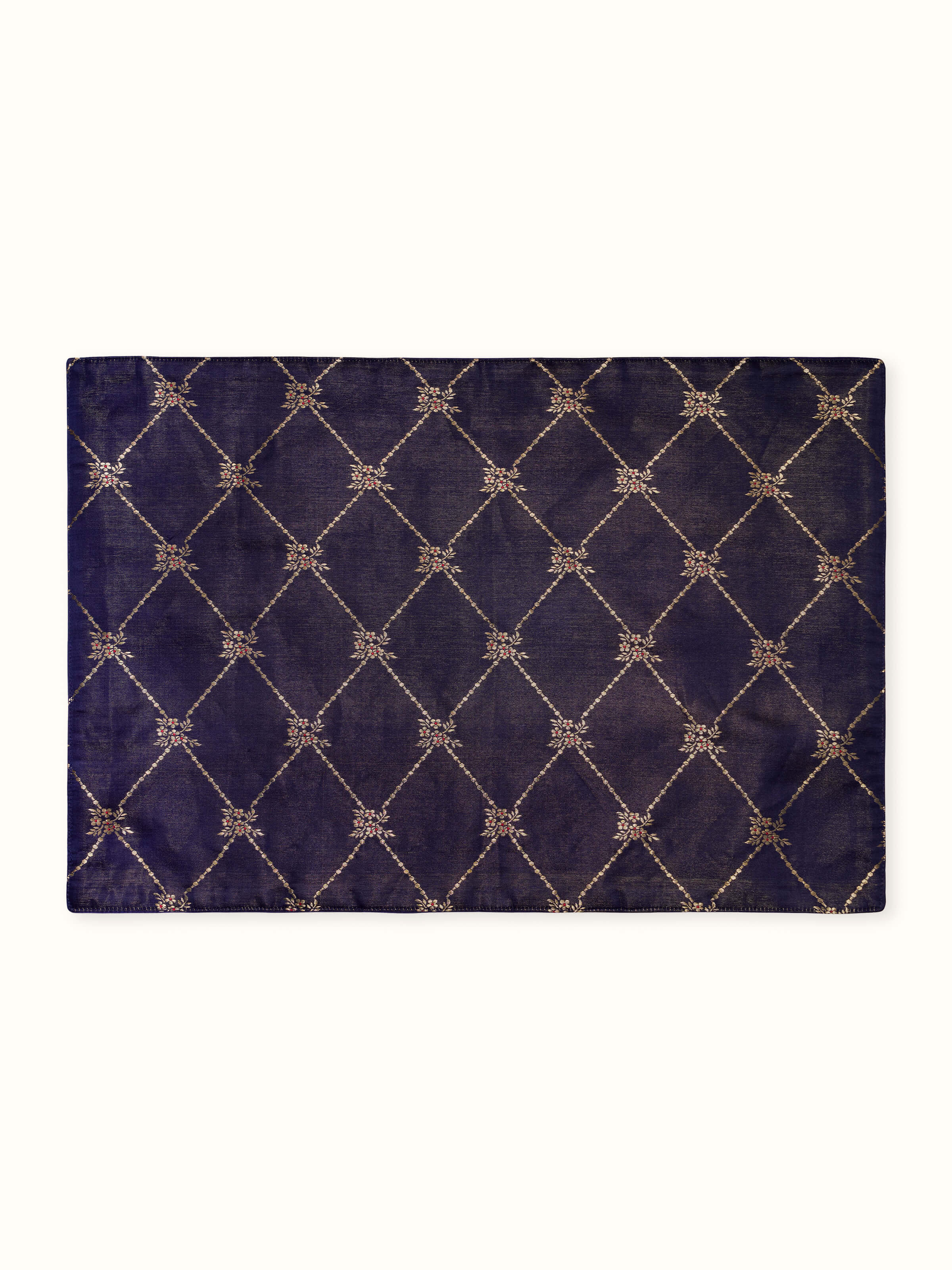 Top view of navy blue trellis Banarasi silk table mats set of six