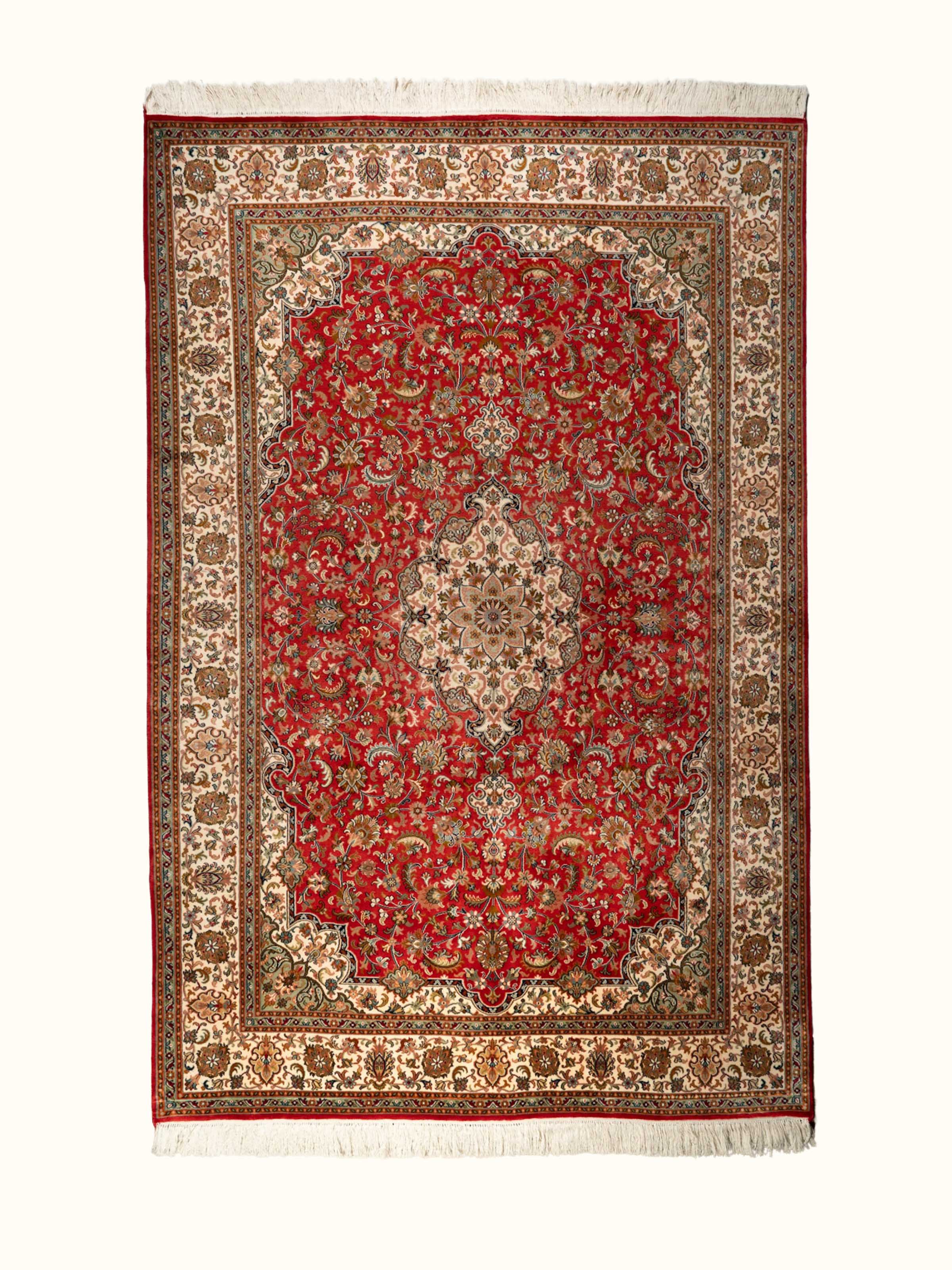 Traditional Kashan Red Kashmir Silk Hand-Knotted Carpet