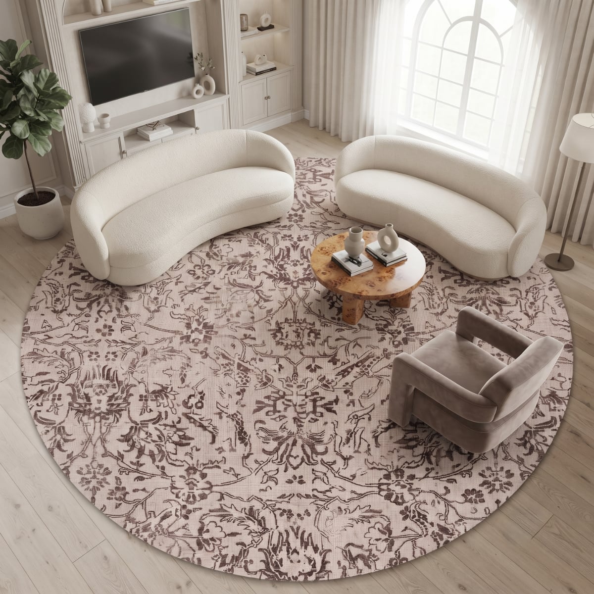 Neulooms Handloom Knotted Reversible Flatweave Round Rug Chocolate Brown or Ivory 7ft