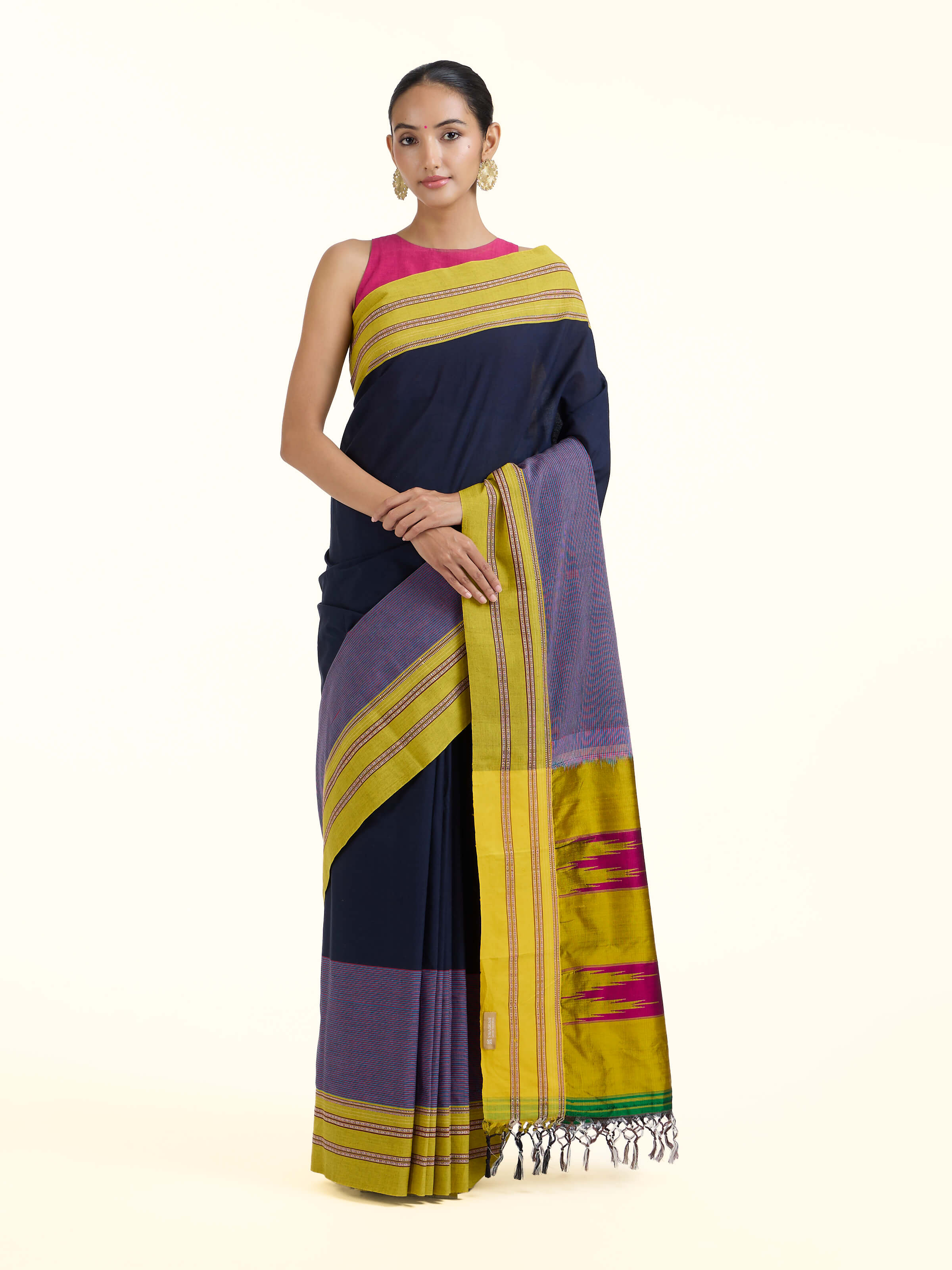 Front view of navy blue cotton and silk Ilkal saree showcasing traditional weave and deep hue