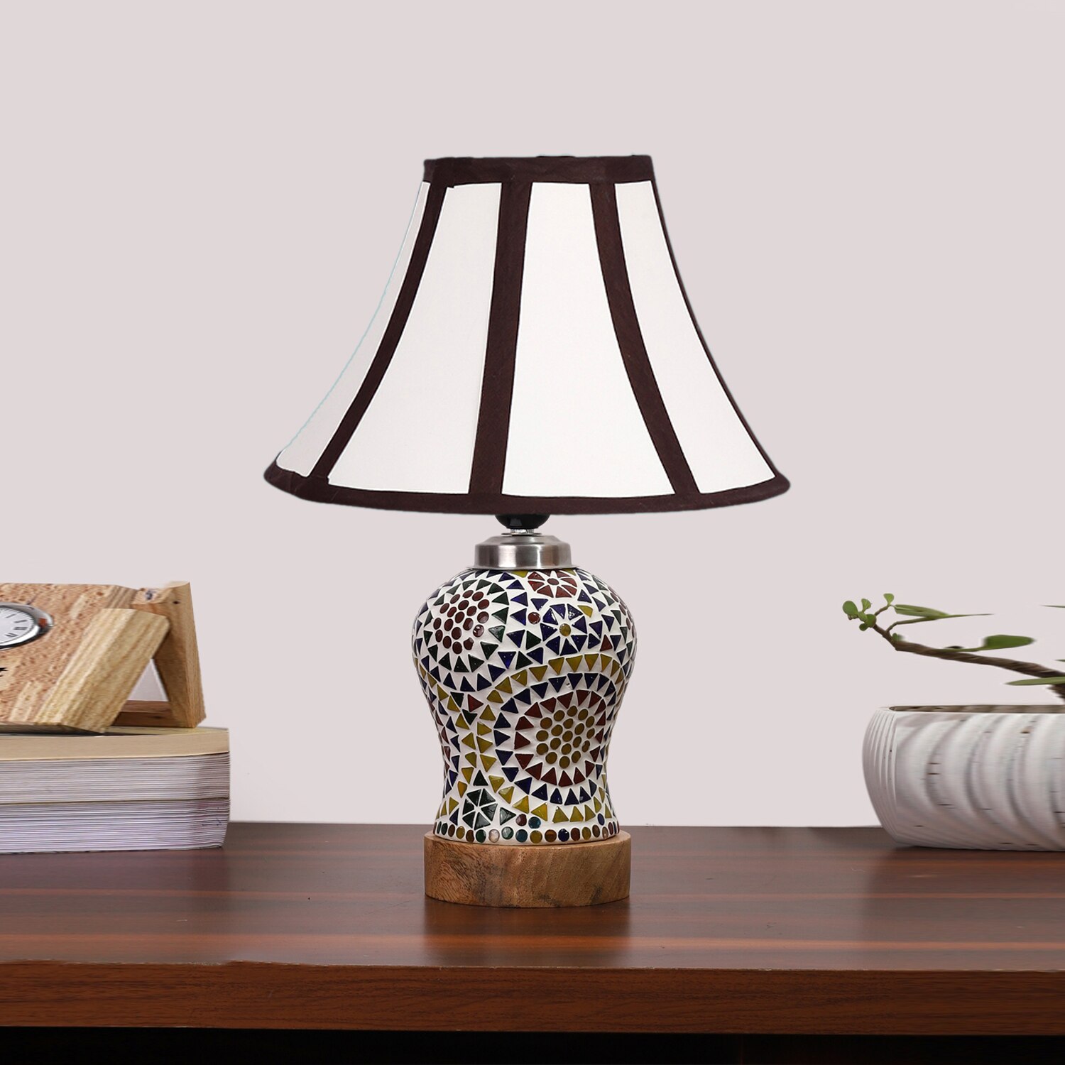 Devansh Multi Cotton Shade Lamp With Wood & Mosaic Glass Base For Decoration/Office/Home/Gifting/Study For Decoration/Office/Home/Gifting/Study