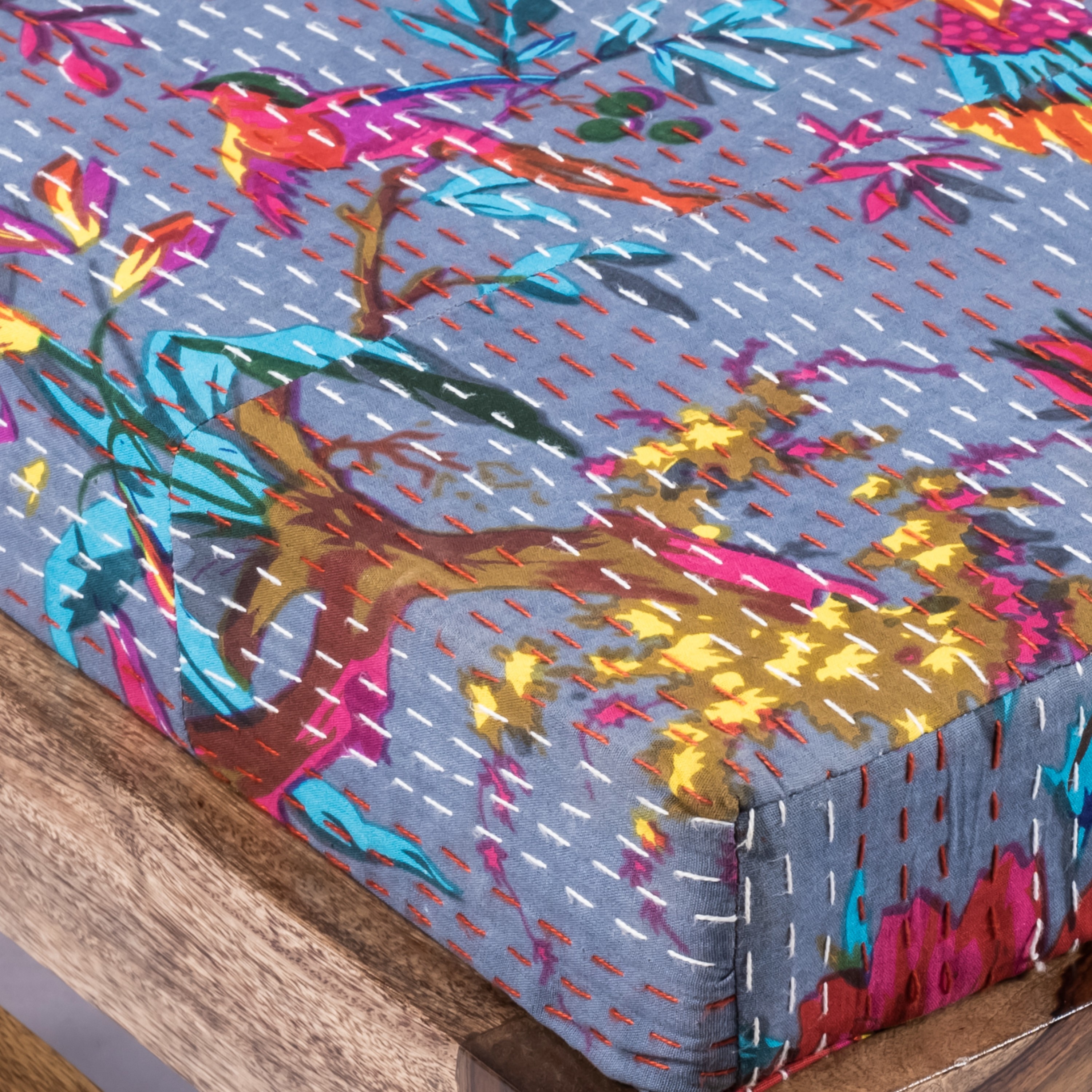 Amber Rosewood Foot Stool with Bird Print Grey Kantha Cushion