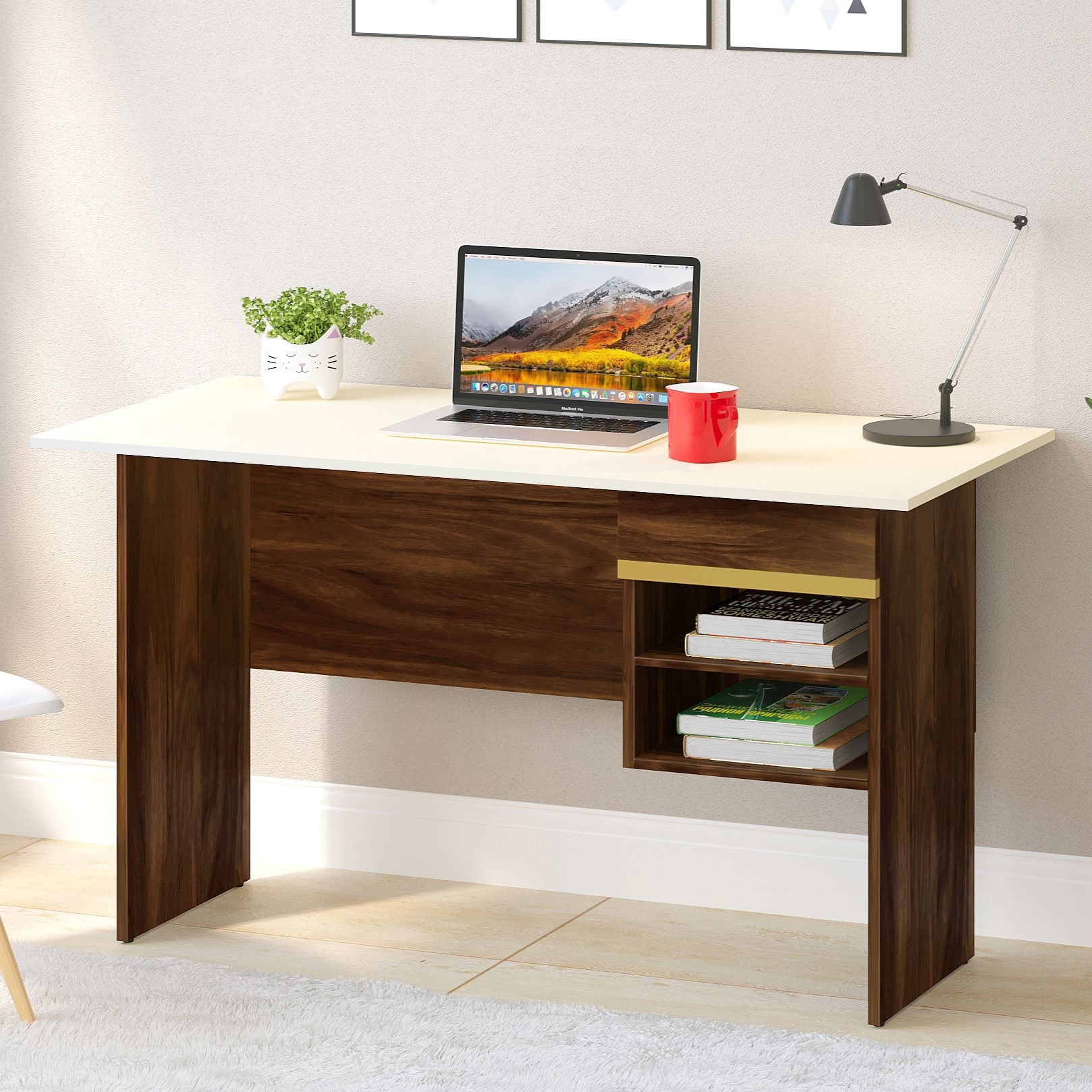 BLUEWUD Amalet Engineered Wood Study and Computer Laptop Table for Home or Office, WFH Desk, with Drawer Shelves Storage for Books for Adults Kids Students (Brown Maple with Gold Motif)