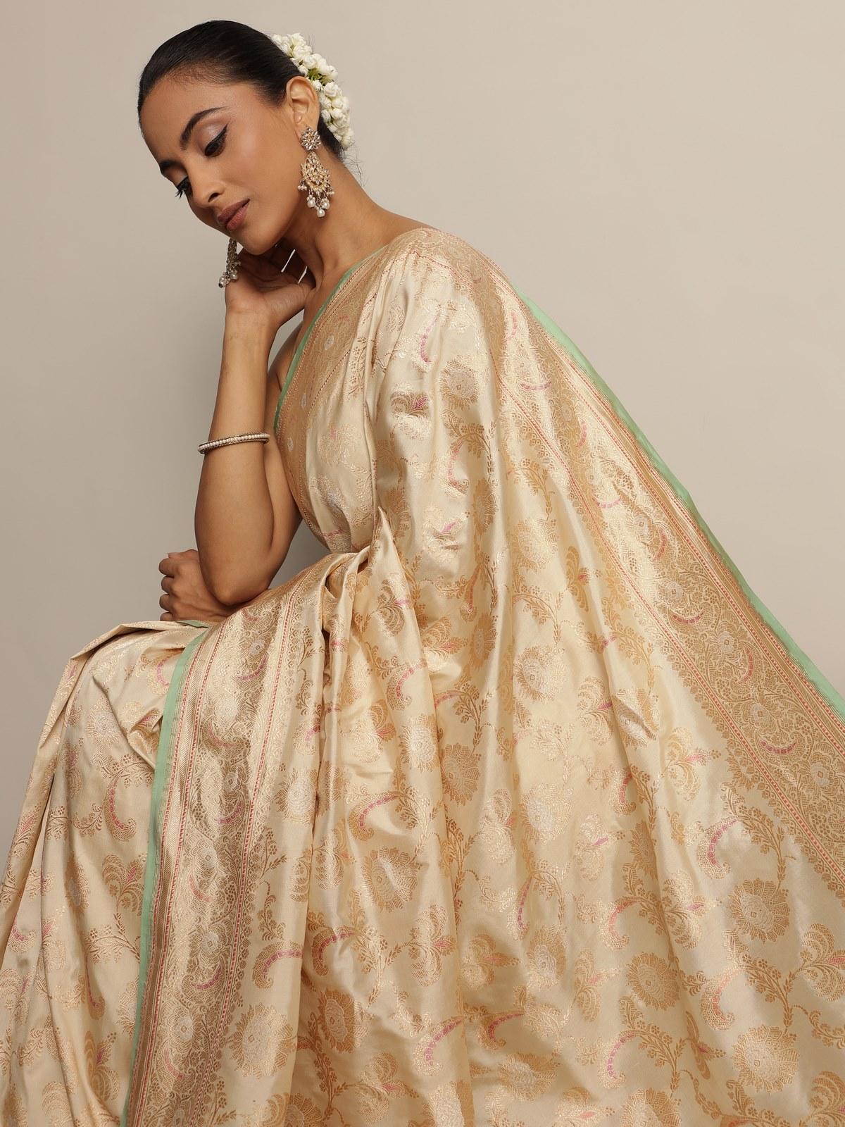 Ivory Banarasi Silk Kadwa Jaal Saree
