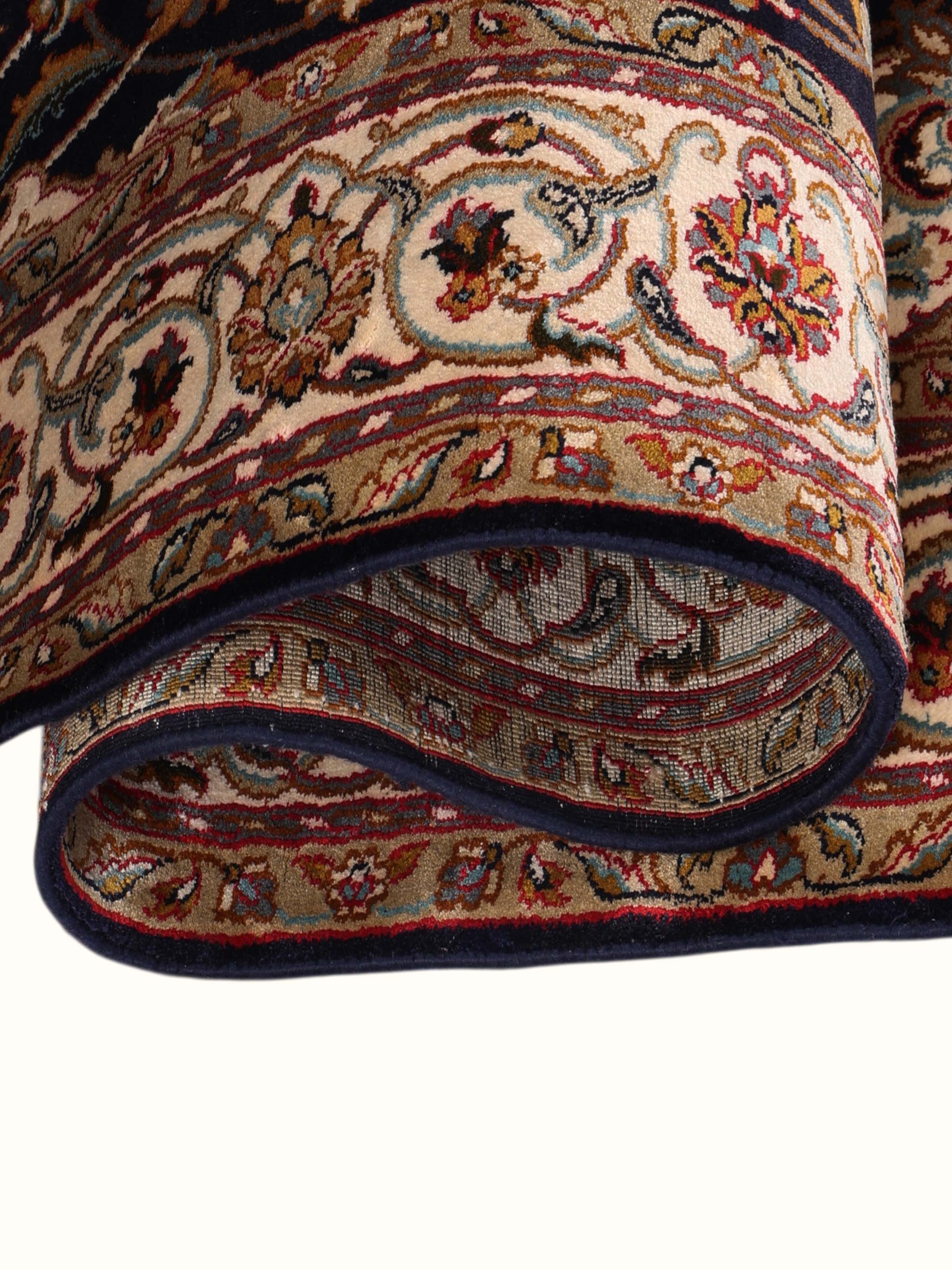 Traditional Persian Navy Kashan Kashmir Silk Hand-Knotted Carpet