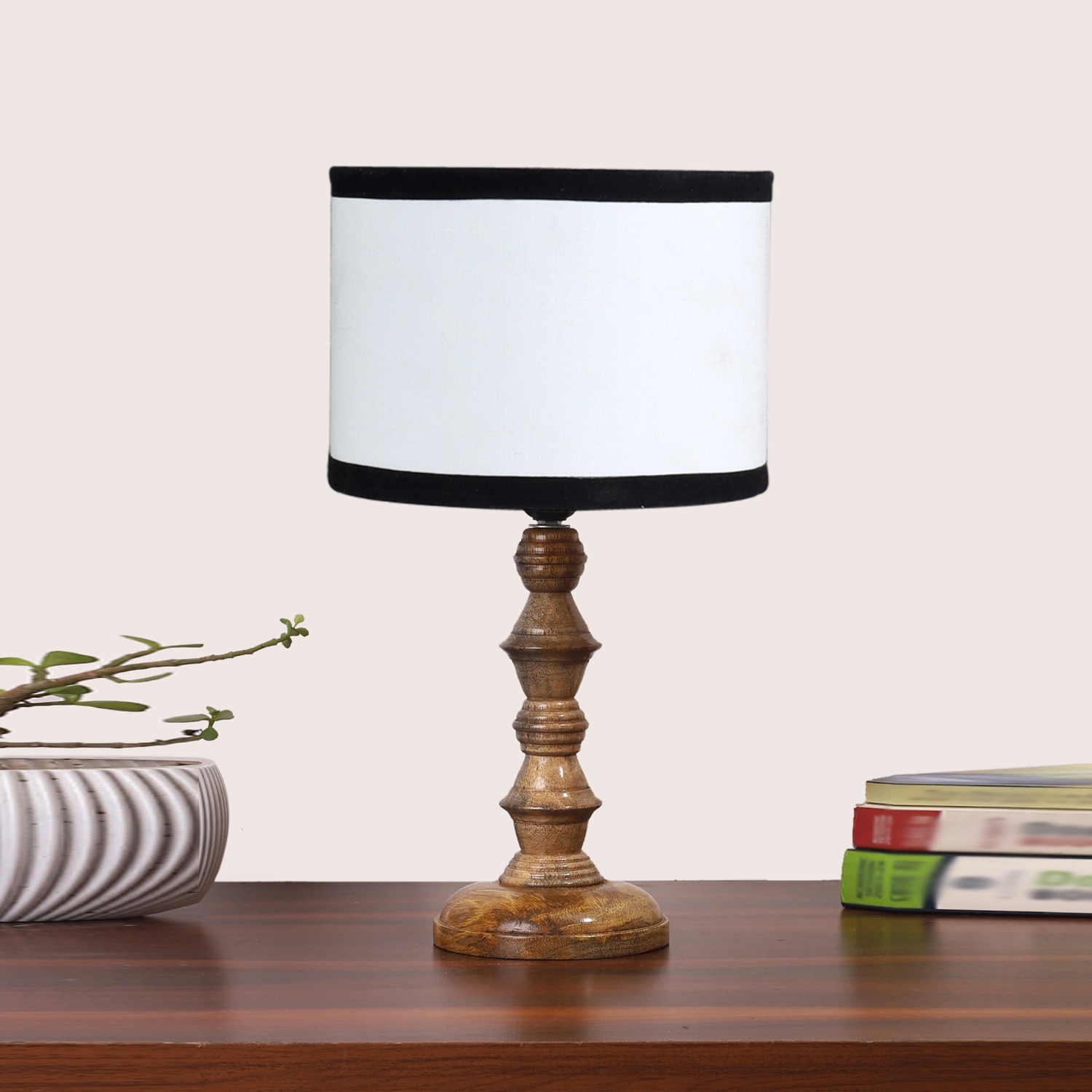 Devansh Multicolor Cotton Table Lamp With Wood Natural Base (7X7X15.5 Inches)-8