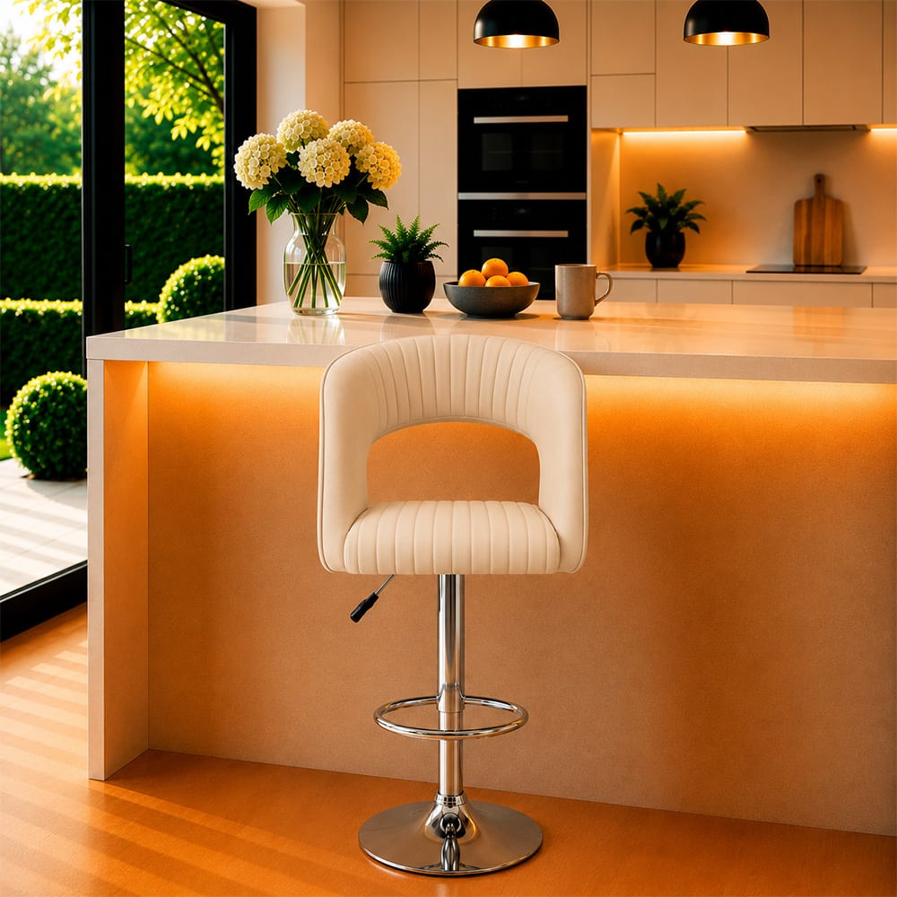 Doe Buck Adjustable Upholstered Bar Stool in Beige Colour with Chrome Base - Doe Buck