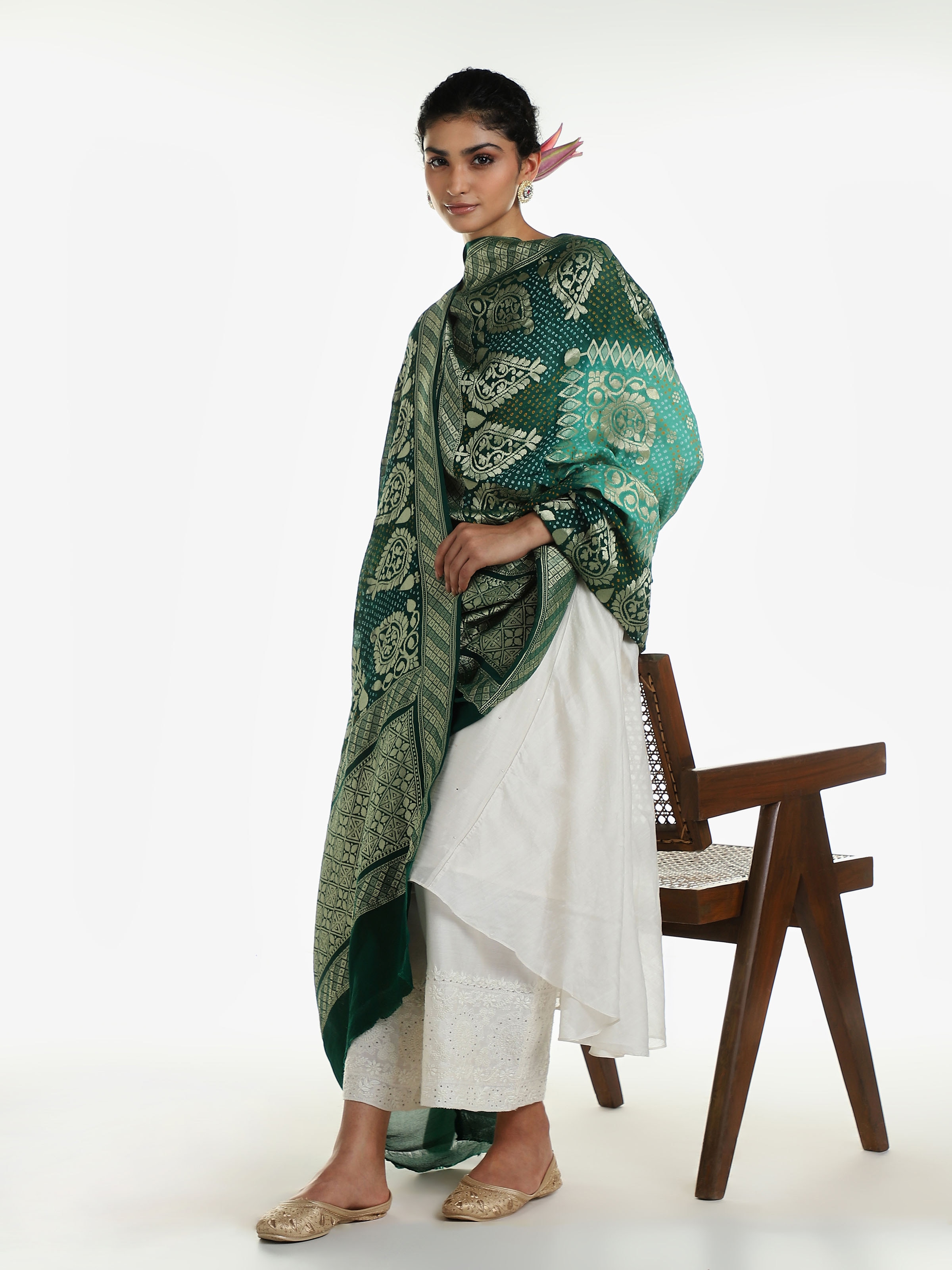 Green Banarasi Crepe Bandhani Tie & Dye Dupatta