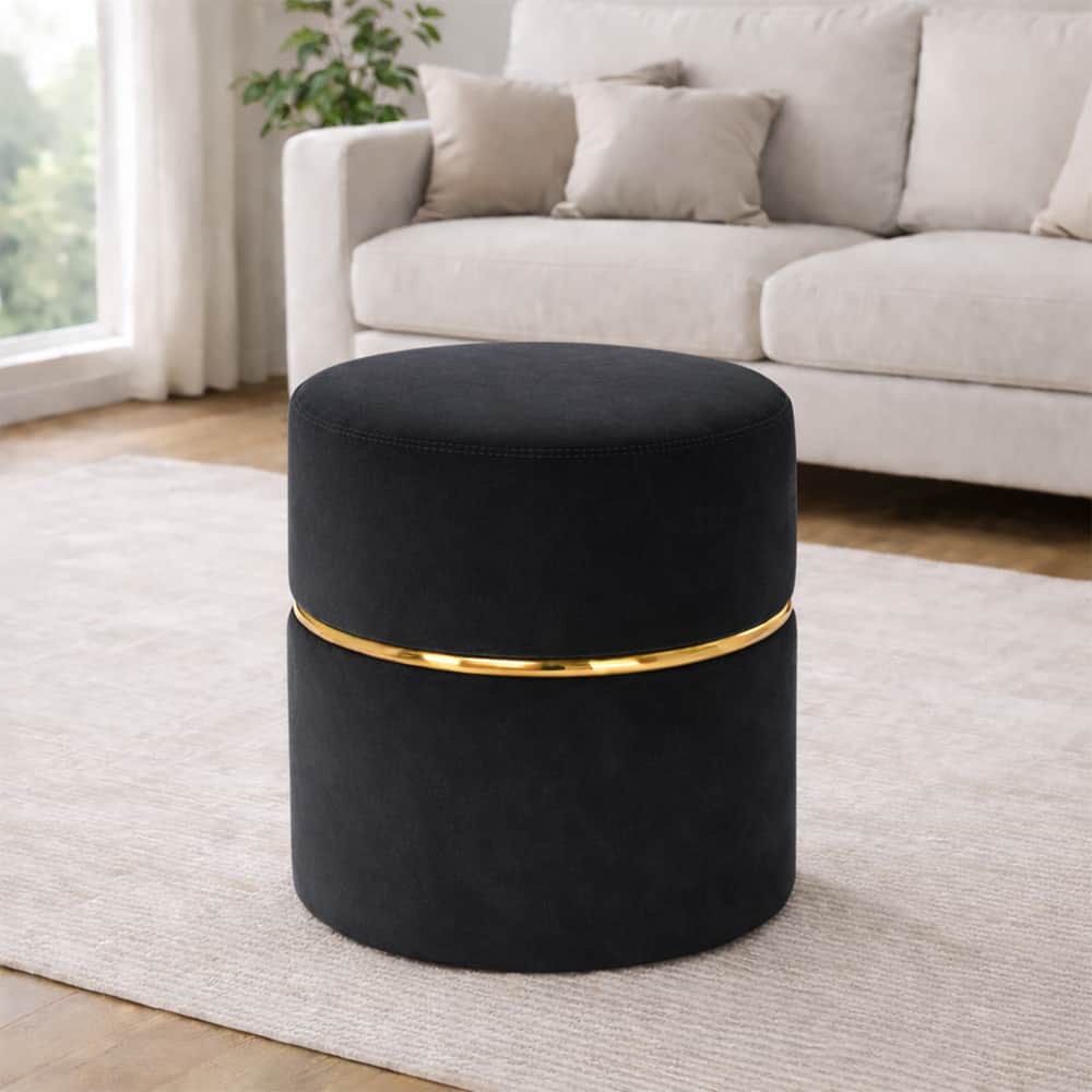 Doe Buck Gracy Velvet Round Ottoman in Black Colour with Gold Band - Doe Buck