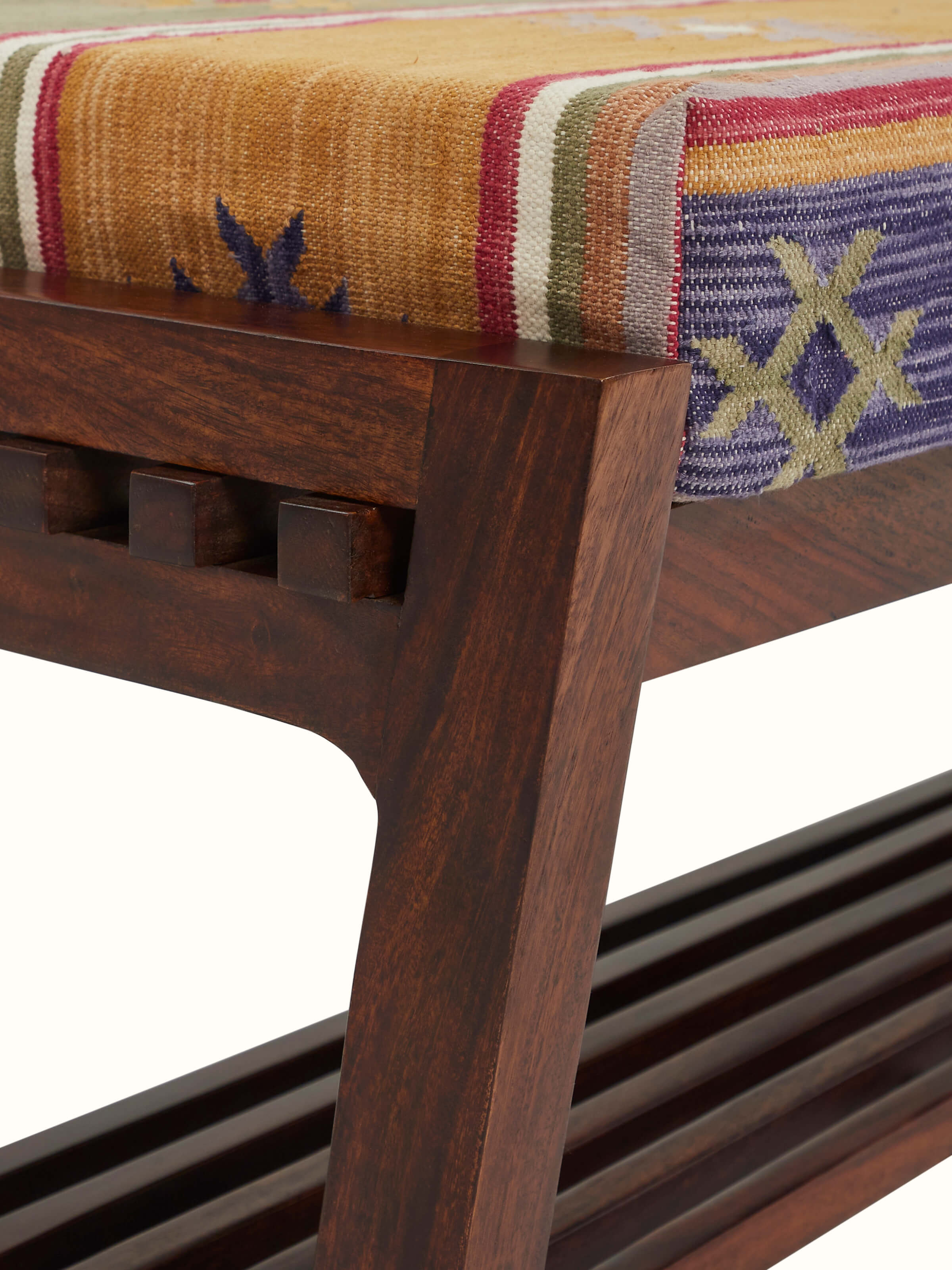 Handloom Dhurrie Upholstered Sheesham Wood Bench
