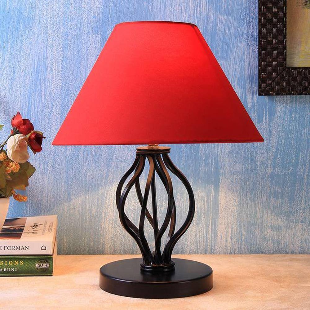 Ware Red Fabric Shade Table Lamp with Black Iron Base