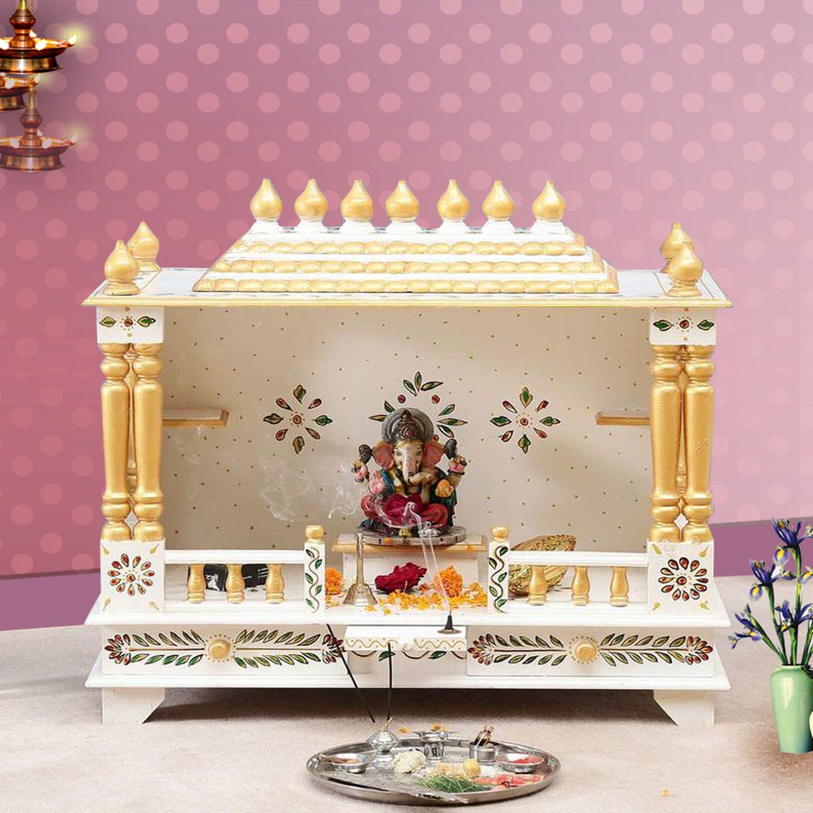 D'Dass White Sheesham and Mdf Wooden Temple For Pooja In Home and Office - D'DASS