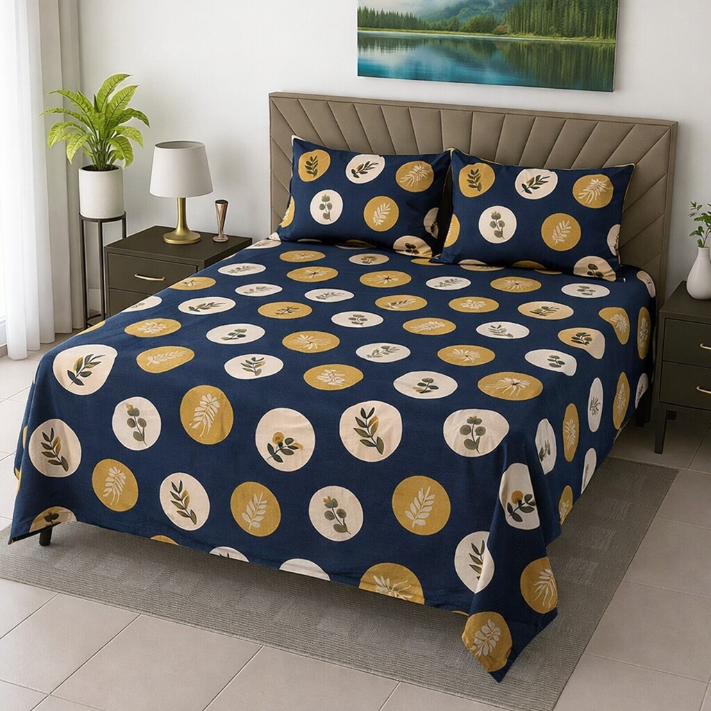 Juno Blue Floral 400 TC Cotton Flat Super King Size Bedsheet with 2 Pillow Covers – Threads - Threads