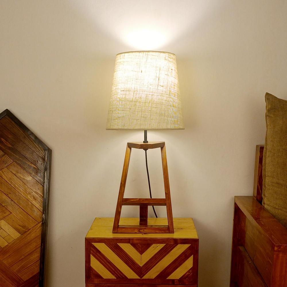 Angular Wooden Table Lamp with Brown Base and Premium White Fabric Lampshade