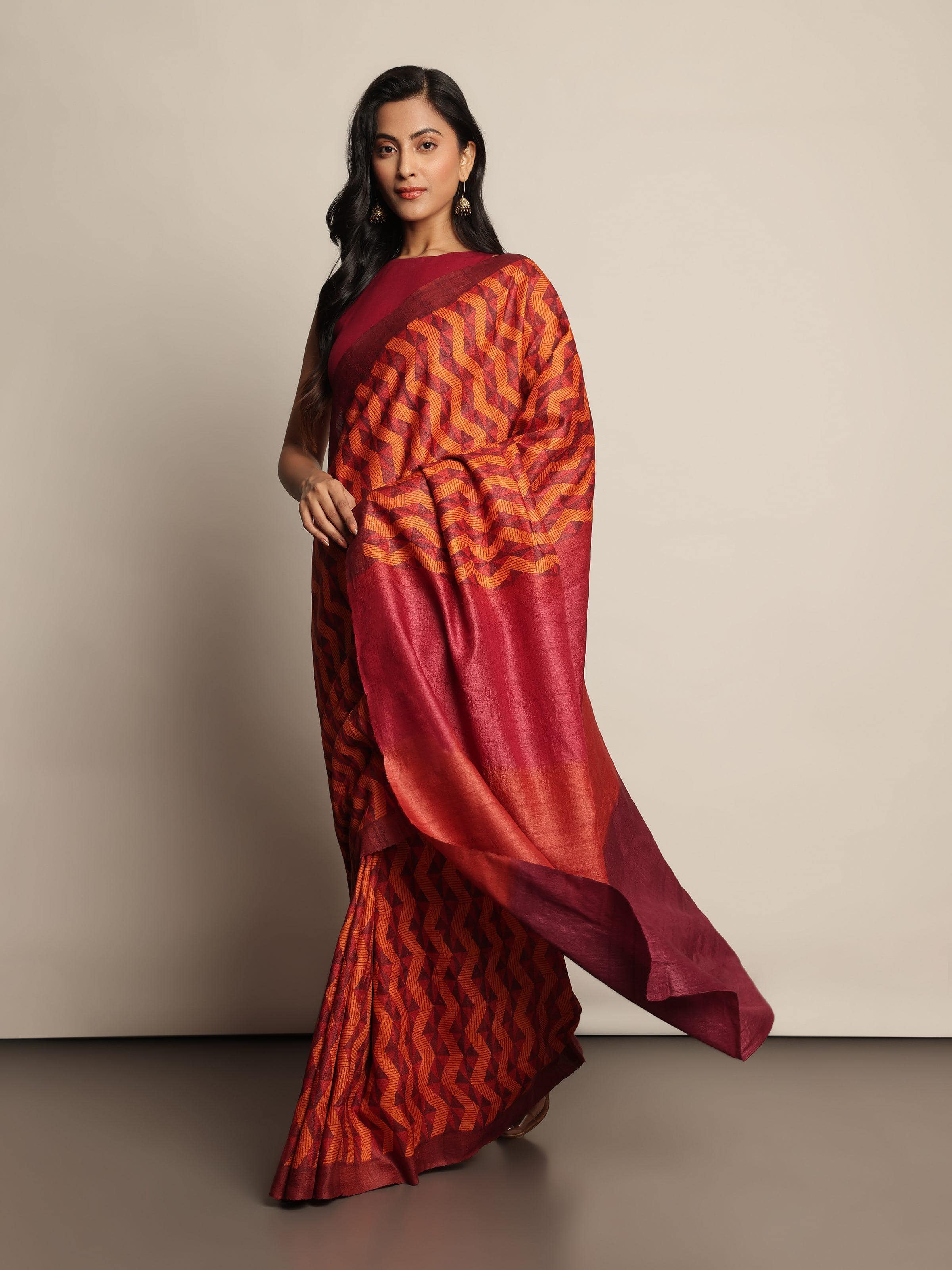 Rust Tussar Silk Discharge Block Printed Saree