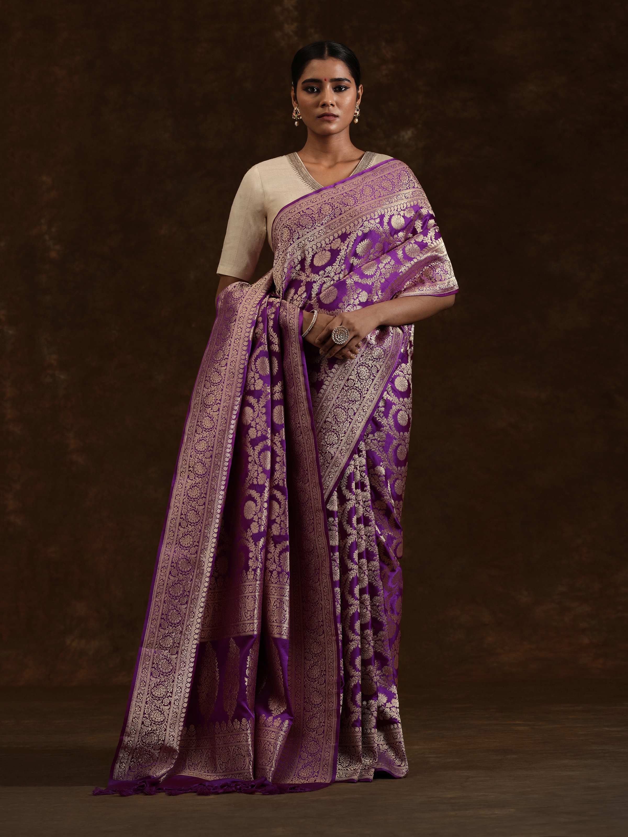 Purple Mulberry Satin Silk Banarasi Saree