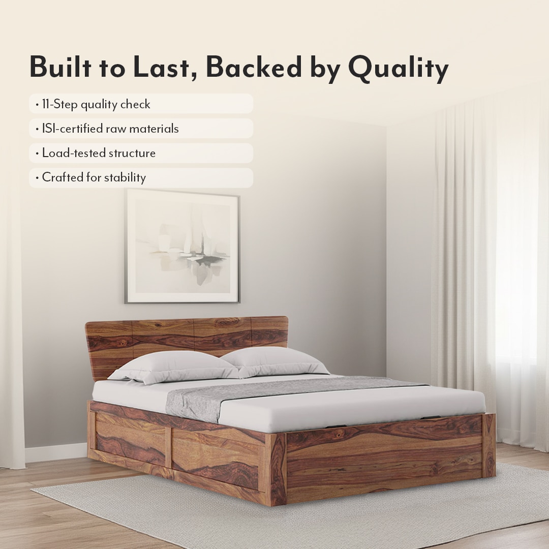 Marieta Solid Wood King Size Hydraulic Storage Bed In Teak Finish