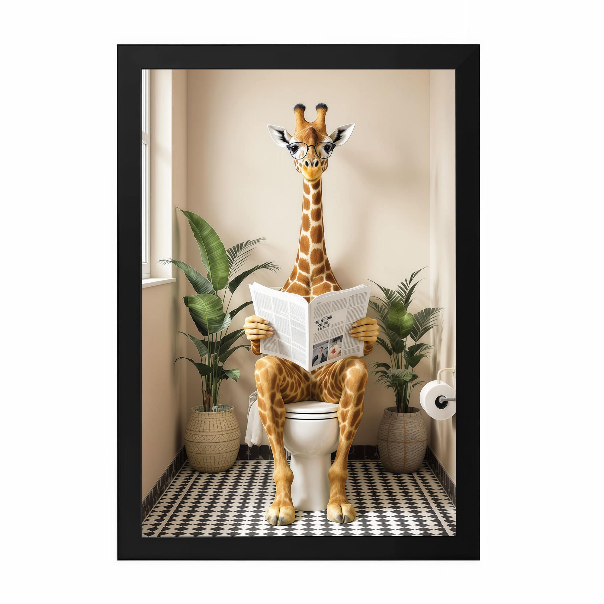 The Castle Decor Funny Giraffe Reading Newspaper Toilet Wall Art 8x12 Inch - The Castle Decor