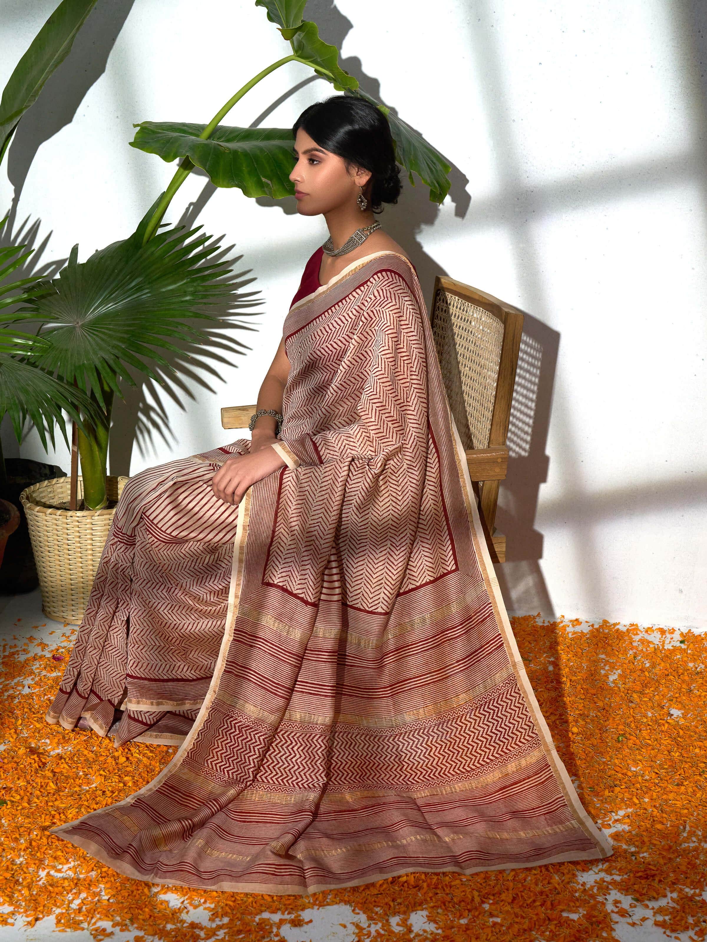 Red Chanderi Cotton Silk Bagh Block Printed Saree