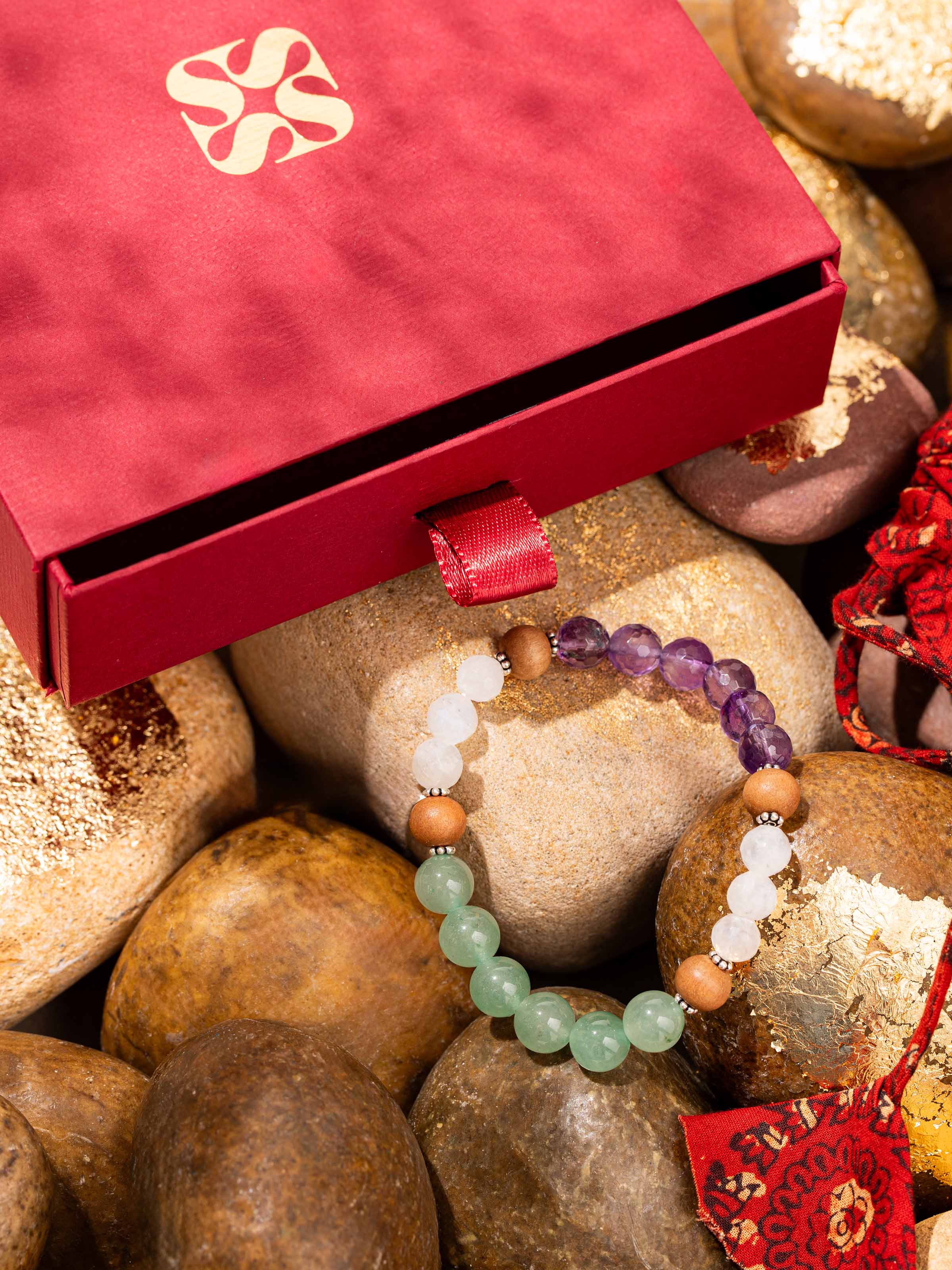 Close-up of Amethyst, Green Aventurine & White Moonstone Silver Bracelet showcasing the polished textures and color contrast
