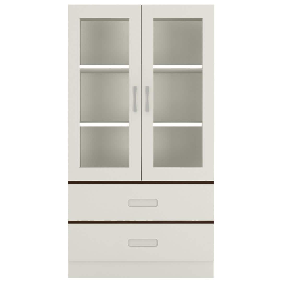 Paloma Large Crockery cum Bookshelf Cabinet with Toughened Glass Shutters and Drawers in Ivory Coffee Walnut Colour