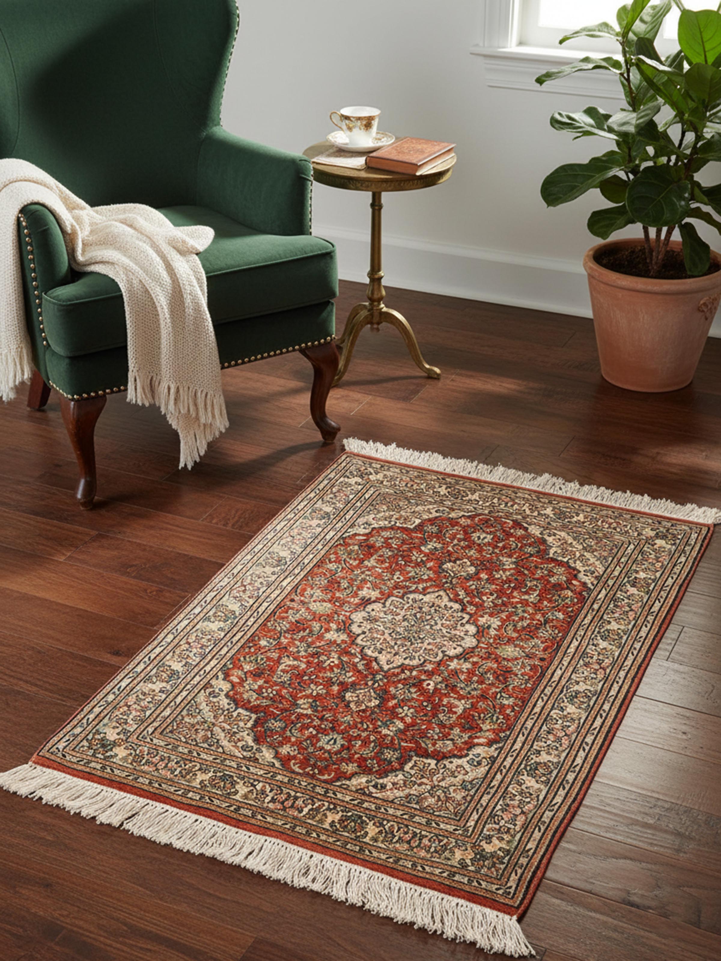 Traditional Kashan Kashmir silk hand-knotted carpet with intricate floral design – Swadesh