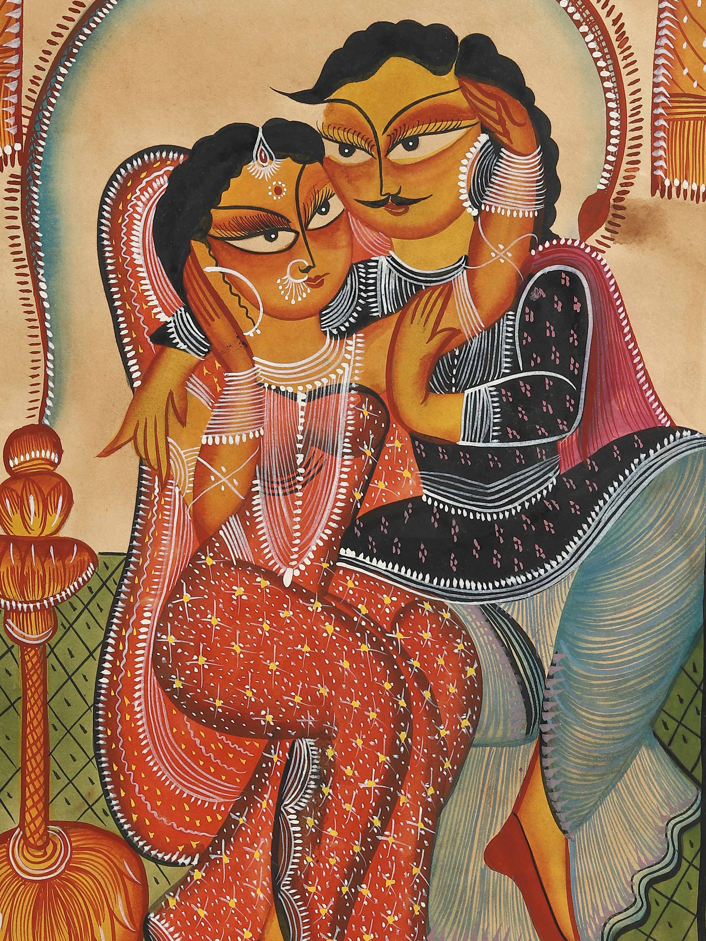 Close-up detail view of Babu Bibi Kalighat folk art painting texture