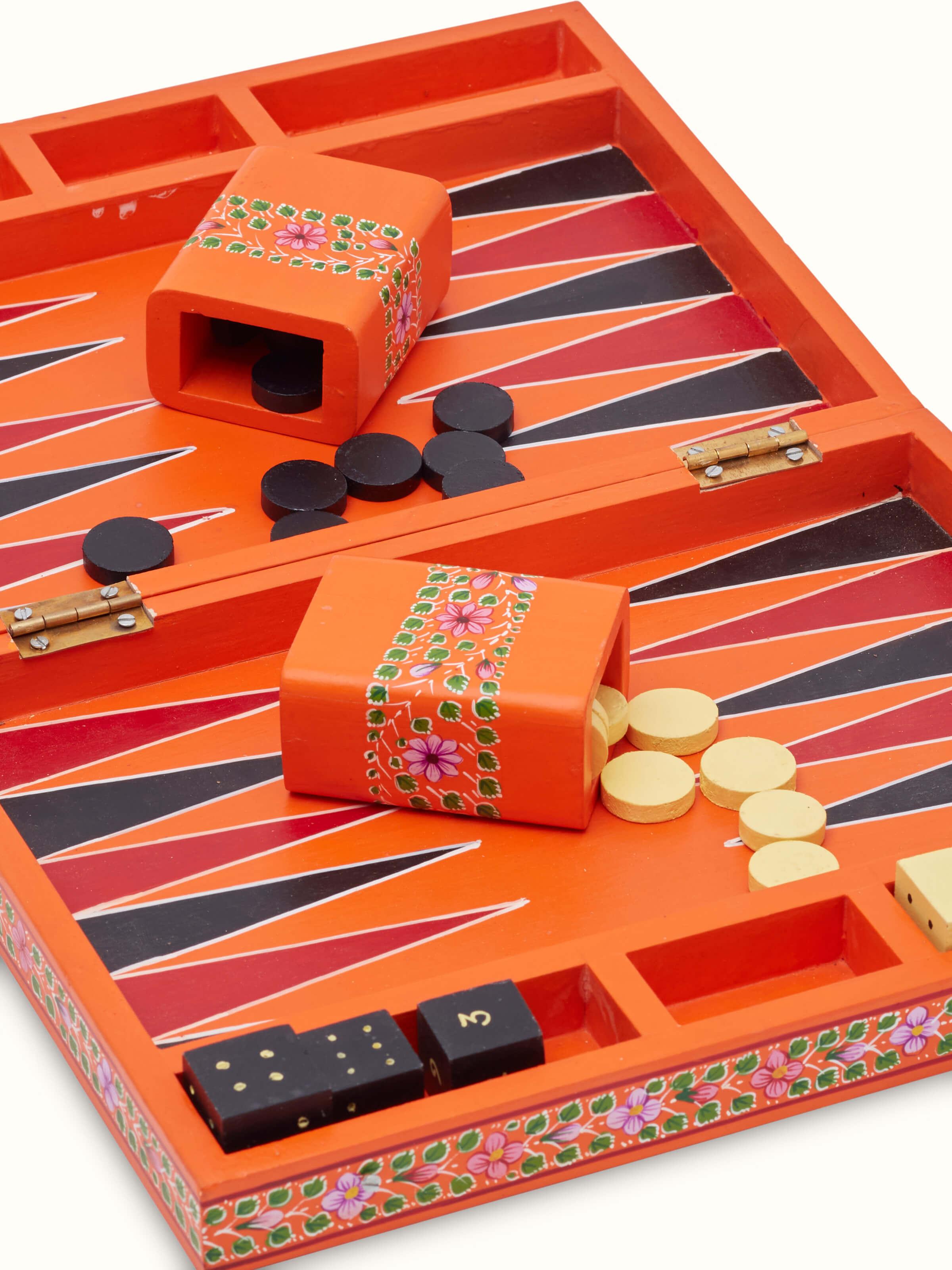 Top view of Ganjifa cedar wood backgammon in orange highlighting the overall design and craftsmanship