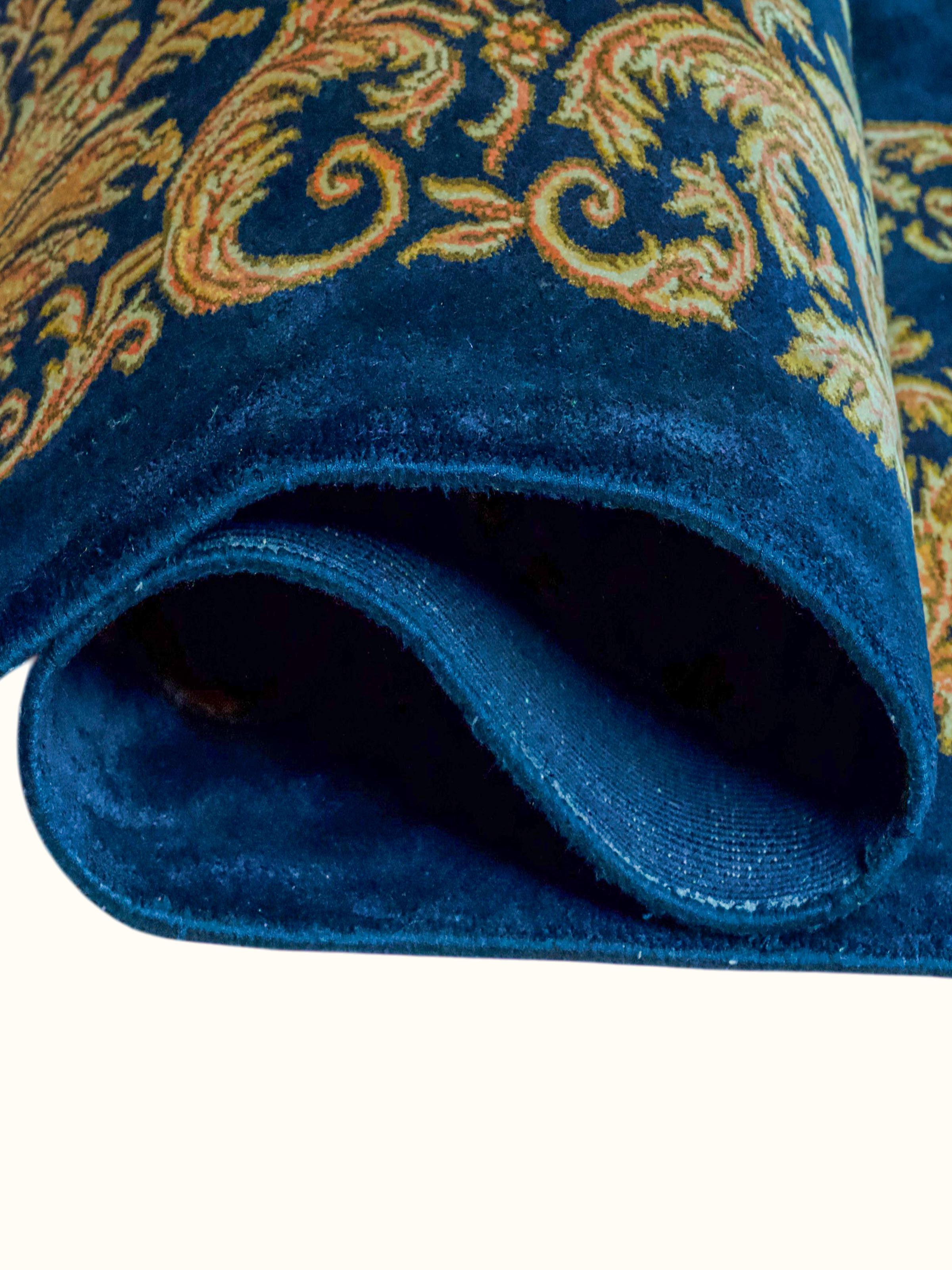 Traditional Persian Navy Opan Kashmir Silk Hand-Knotted Carpet