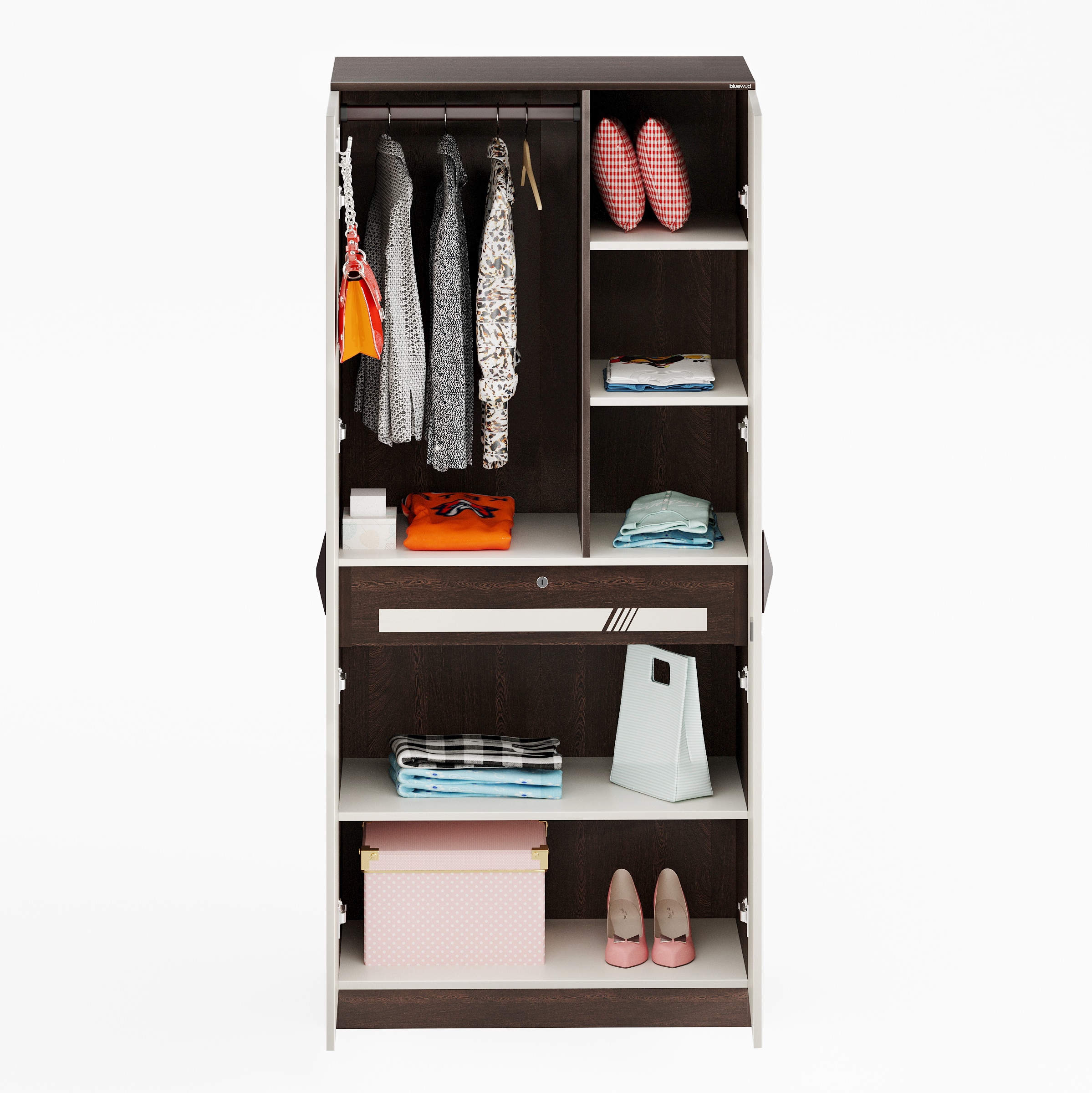 BLUEWUD Andrie Engineered Wood 2 Door Wardrobe/Clothes Storage Rack Organizer Almirah Cupboard, 6 Shelves & 1 Drawer with Lock for Bedroom Home Furniture (with Mirror, Wenge & White)