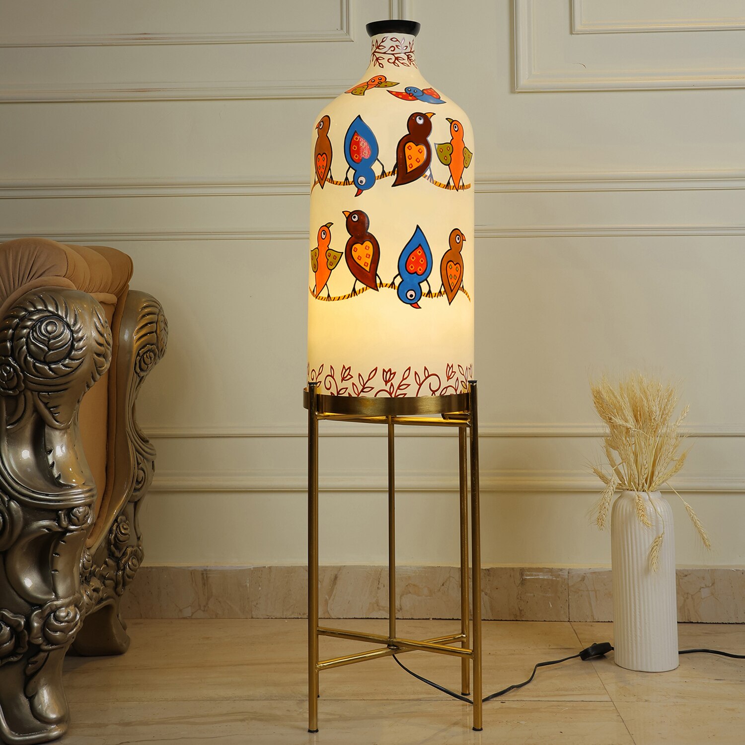 Vibrant Wings Designer Electric Floor Lamp with Metal Stand in White Colour - Posh N Plush