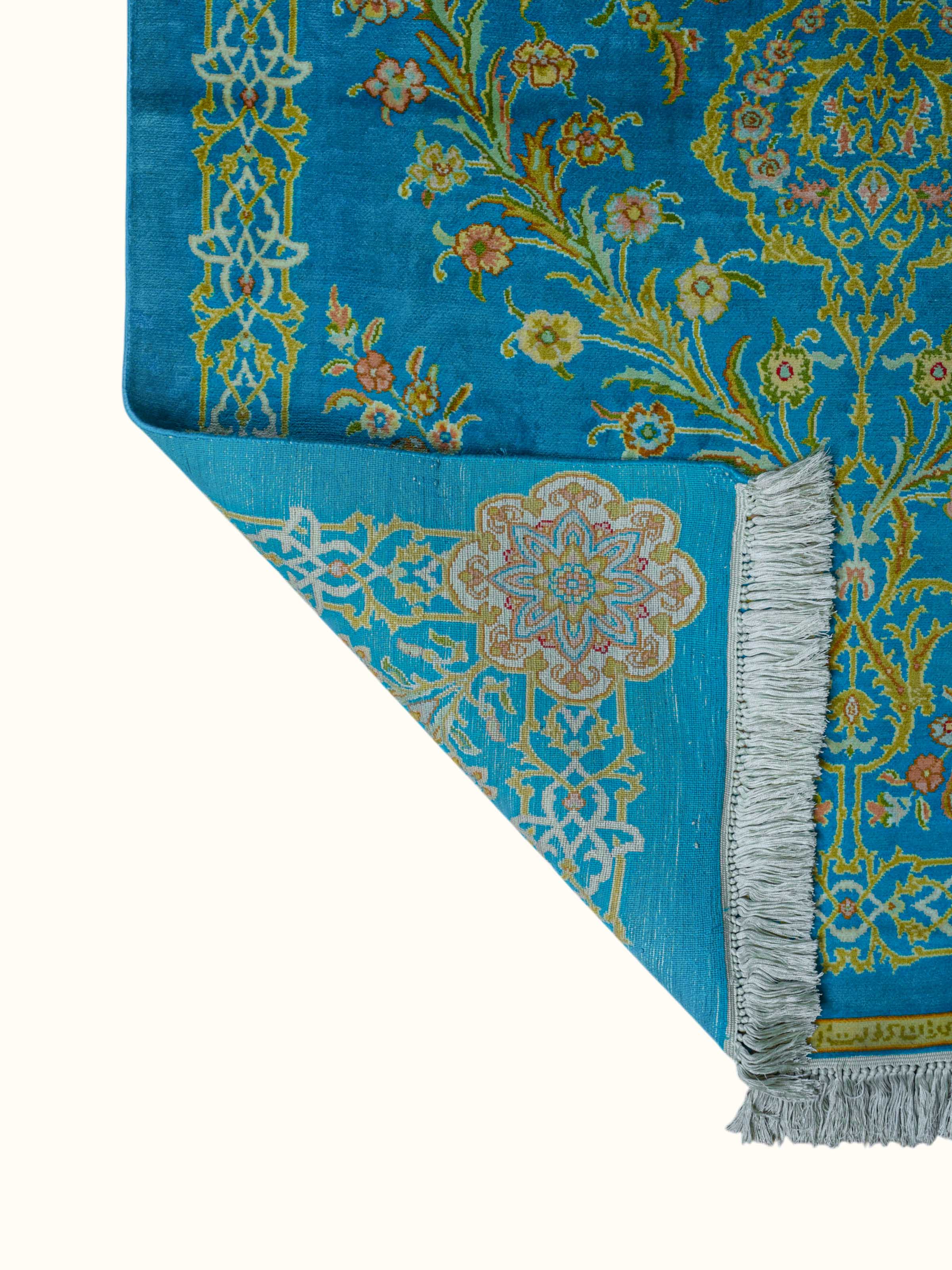 Traditional Persian Turquoise Guldani Kashmir Silk Hand-Knotted Carpet