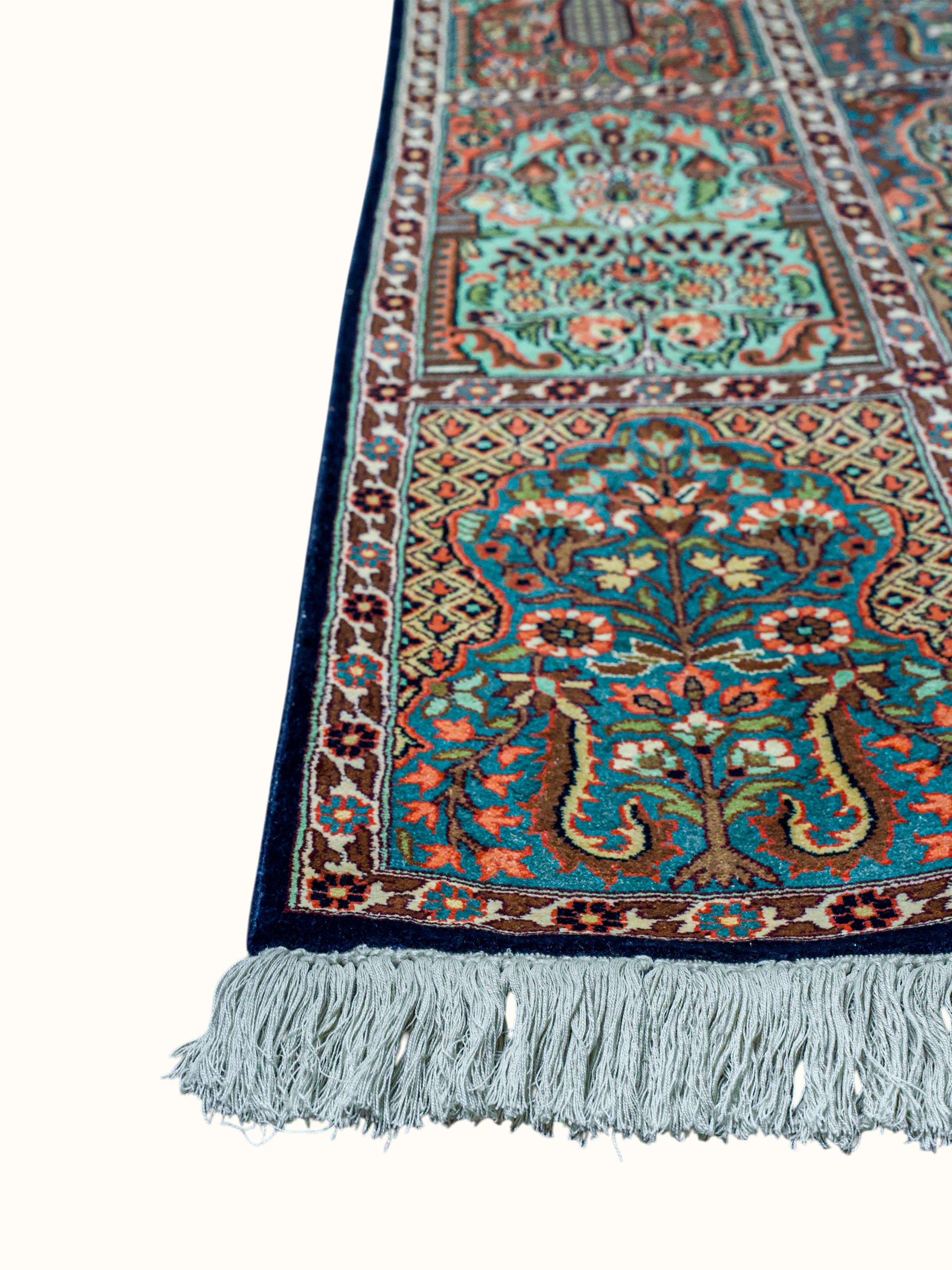 Traditional Persian Grey Hamadan Kashmir Silk Hand-Knotted Carpet