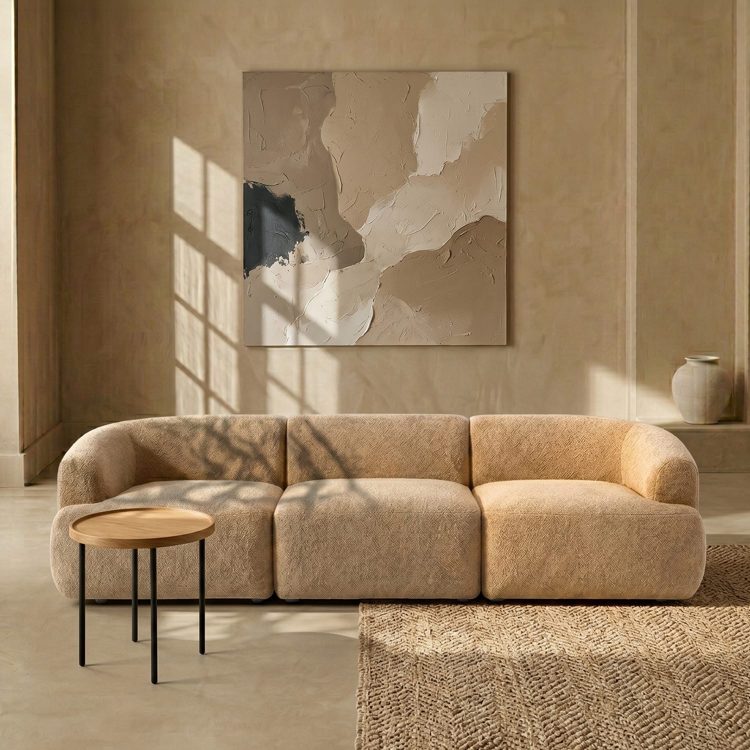 Zenliving Wood 3 Seater With Upholstery Non Storage Sofa In Beige Colour