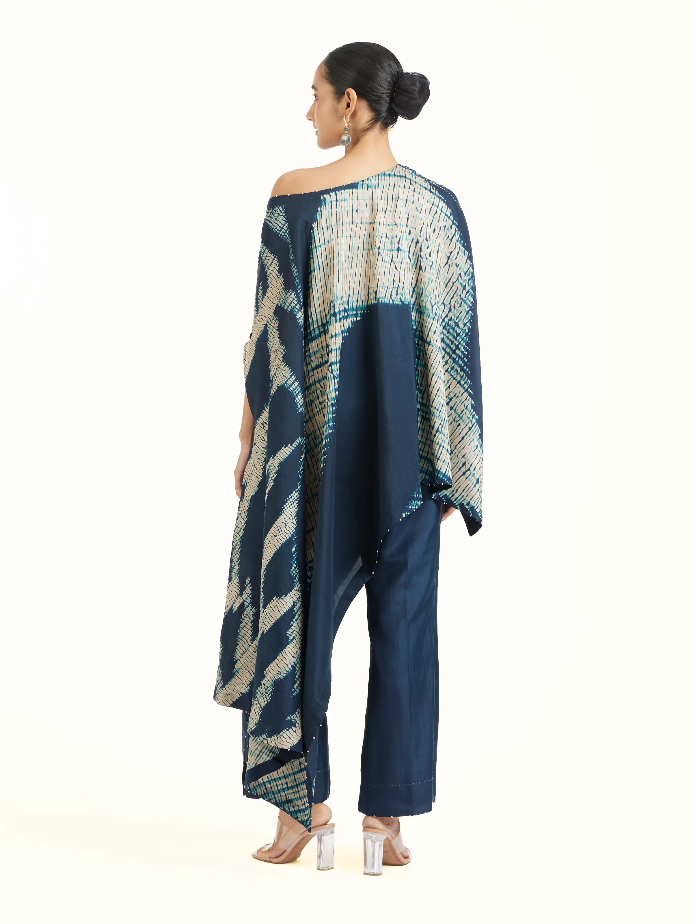 Back view of blue silk Shibori co-ord set displaying complete design