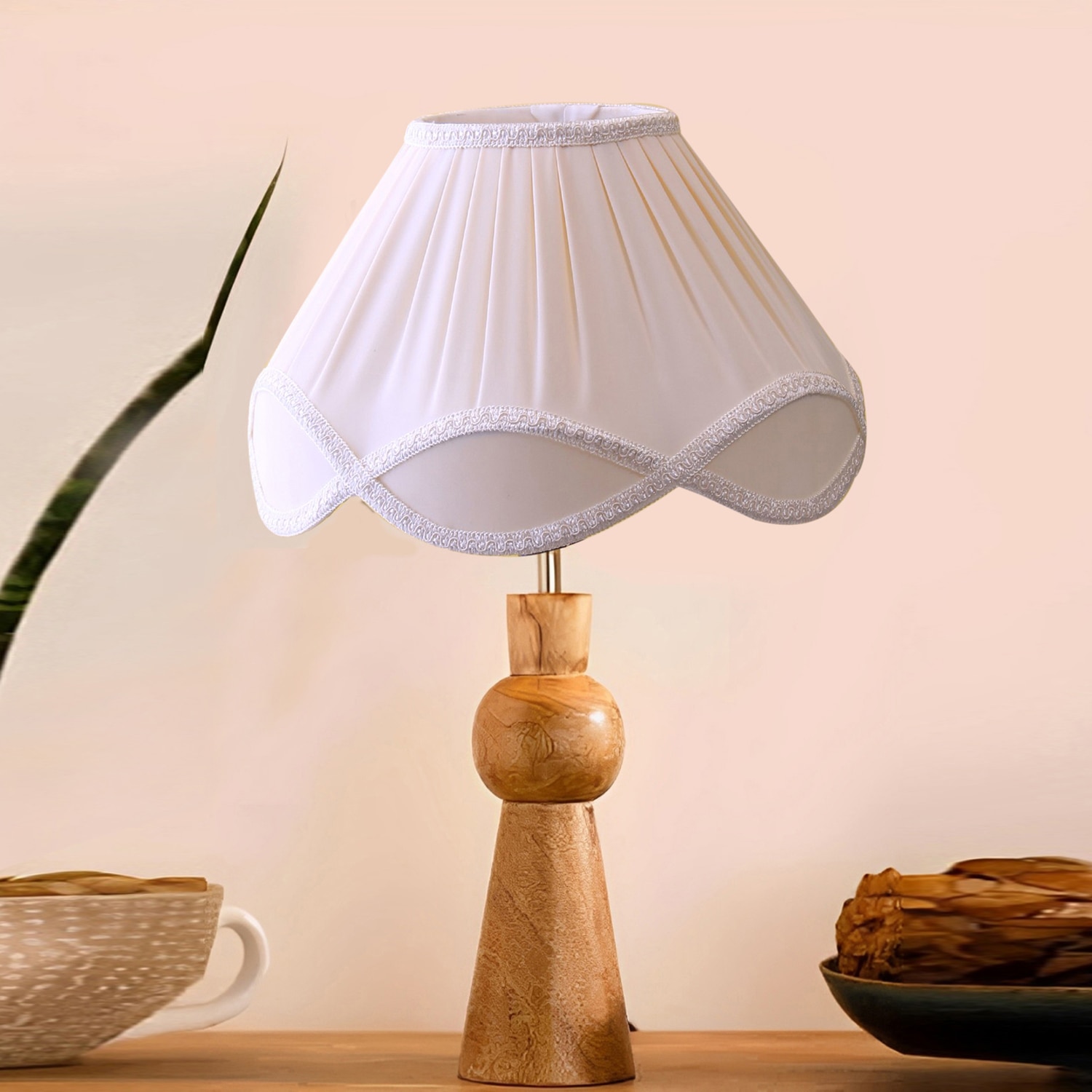 Devansh Off-White Cotton Vintage  Lamp With Wood Base (12X20.3) - Devansh