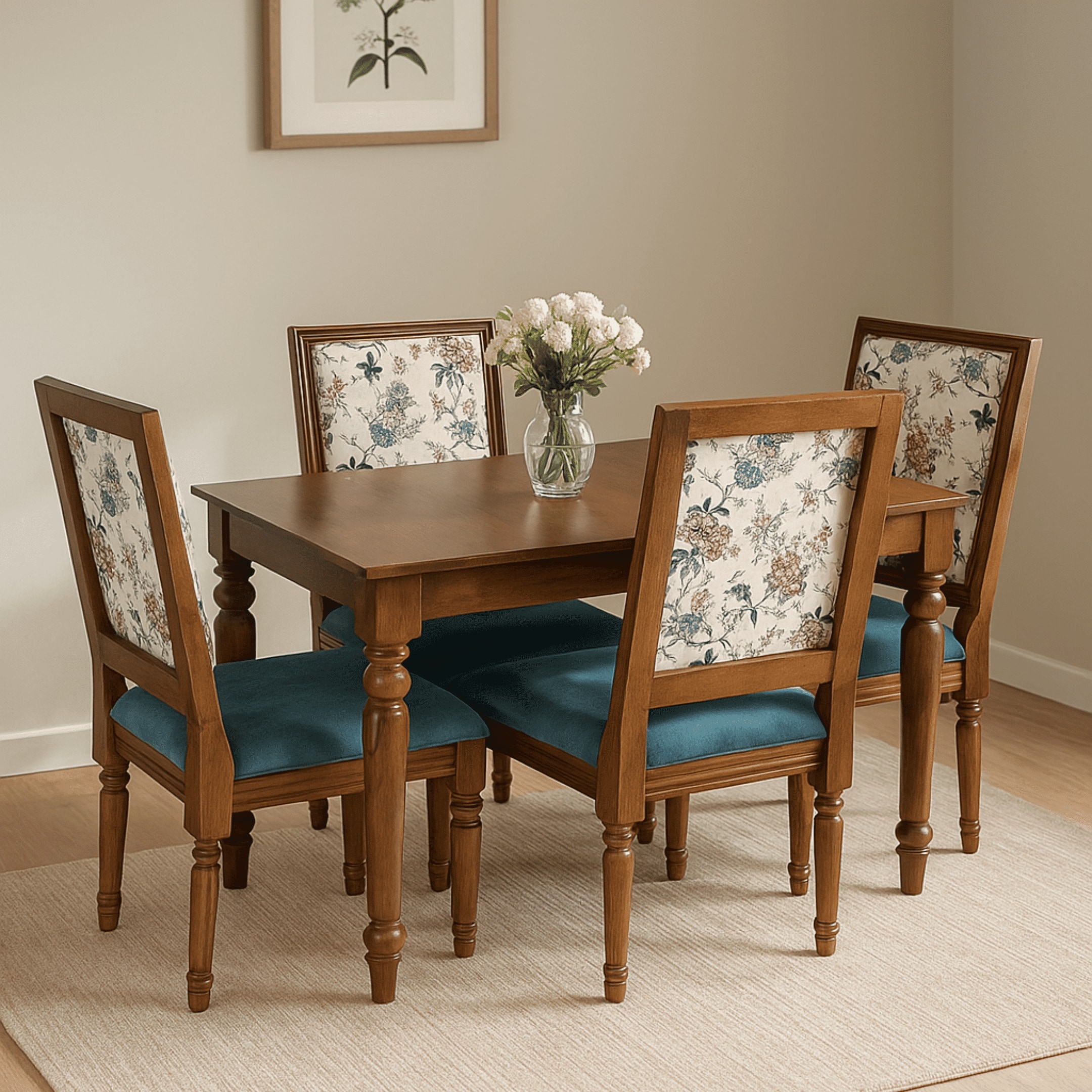 Globally Indian Sheesham Wood 4 Turning Leg Seater Dining Table Set With Upholstered Chairs – Wooden Dining Room Furniture For Home"
