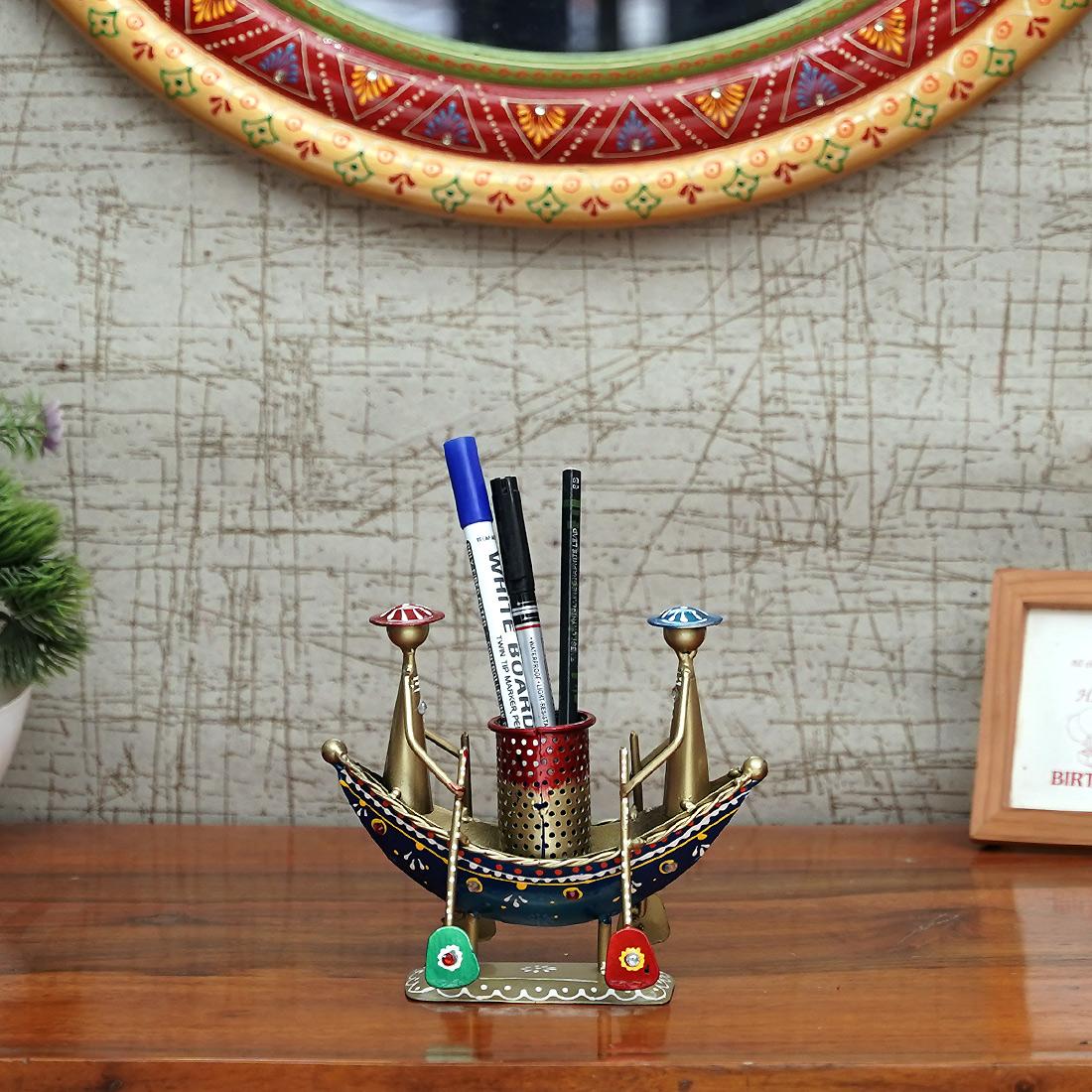 Desert Art Metal Handpainted Multicolour Boat Pen Stand-image-1