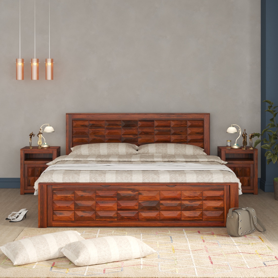 Shashi Solid Wood King Size Bed With Box & Front Drawer Storage Bed In Honey Oak Finish