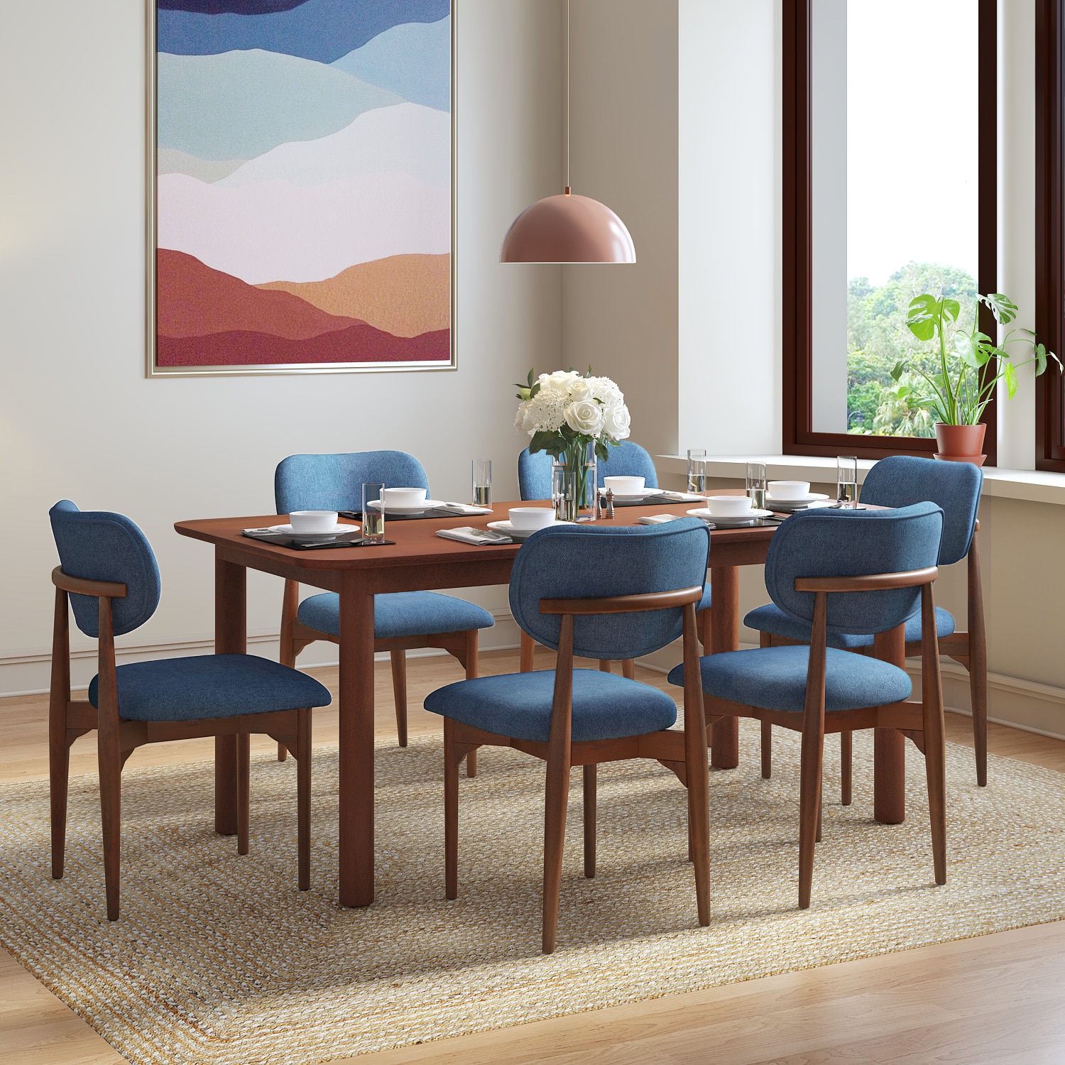 Dane Solid Wood Dining Table 6 Seater with 6 Oille Solid Wood Dining Chairs (Finish: Honey, Colour: Baltic Blue) - Urban Ladder